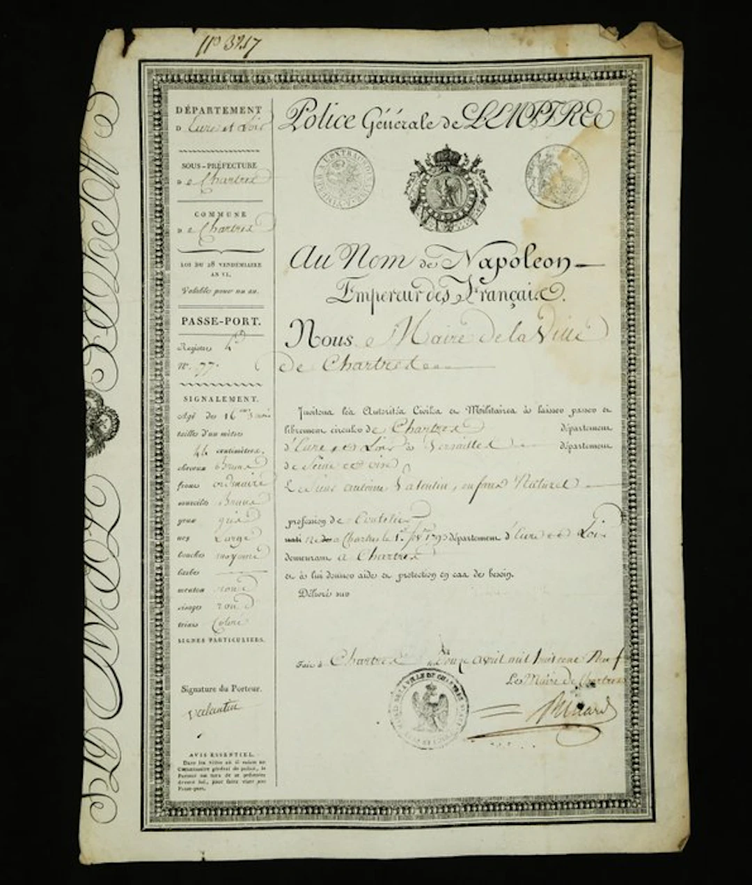 [Napoléon Bonaparte] - Passeport sous l'Empire [Chartres] - 1809