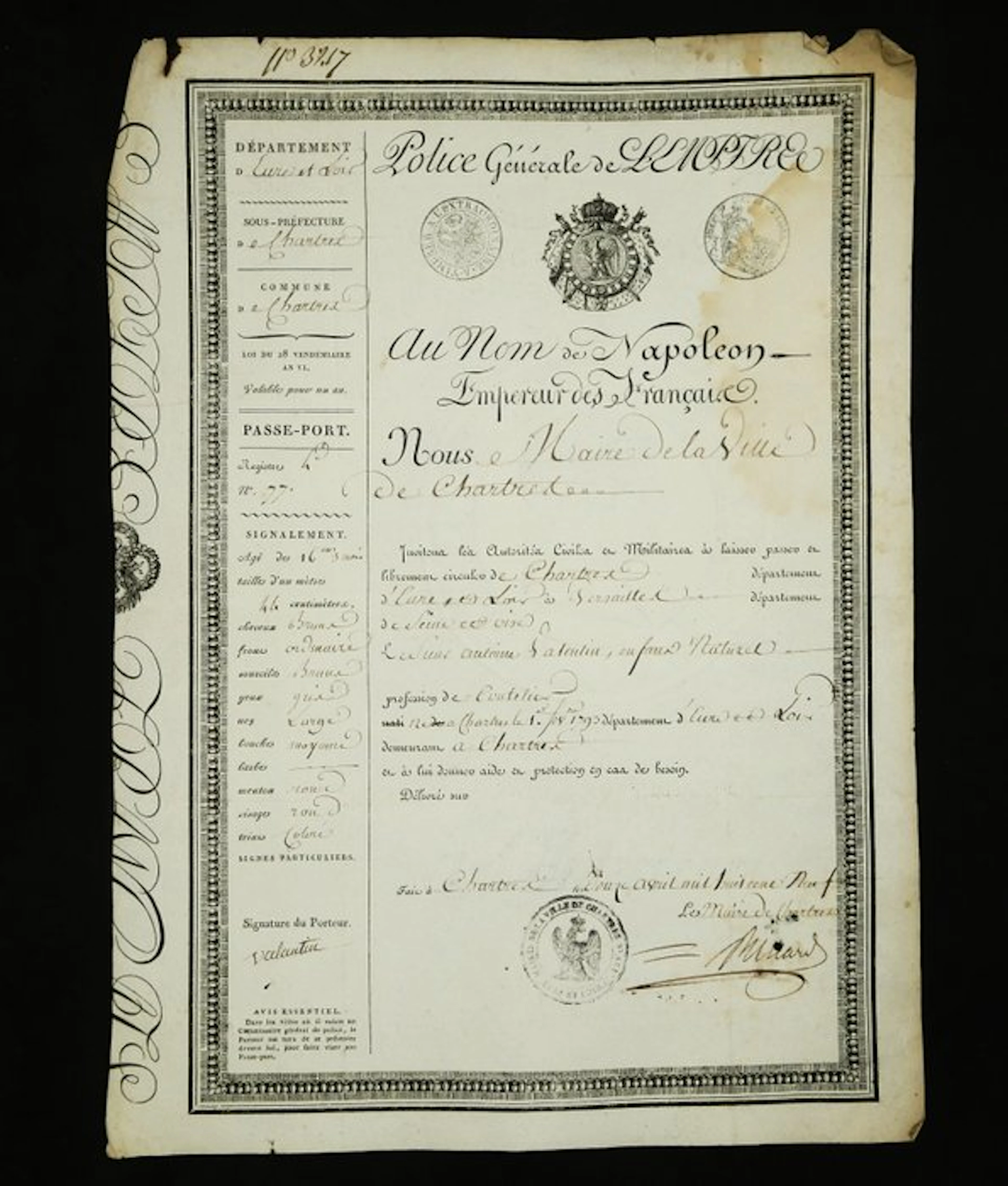 [Napoléon Bonaparte] - Passeport sous l'Empire [Chartres] - 1809