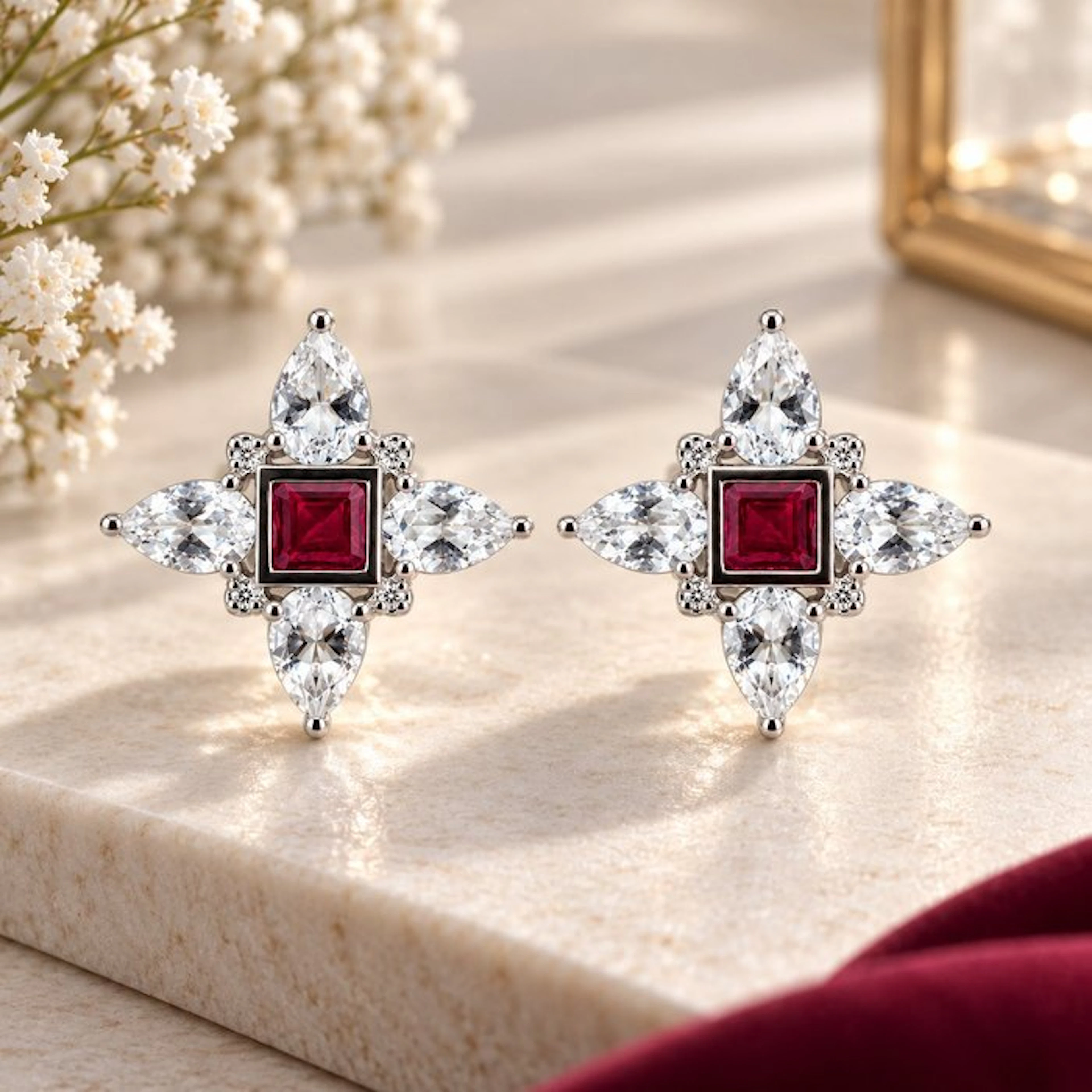 No reserve price - Earrings Gold-plated Ruby - Diamond - 18kt Gold Plated