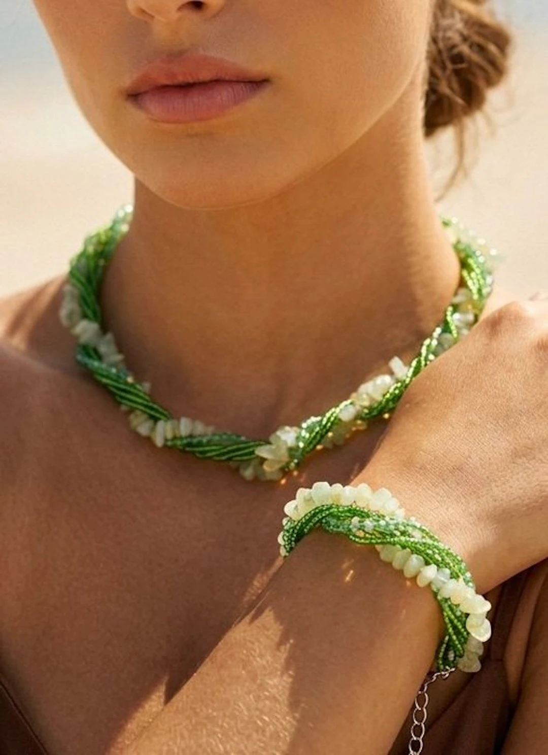 Six-row necklace & bracelet with aventurine & crystals - 2 piece jewellery set