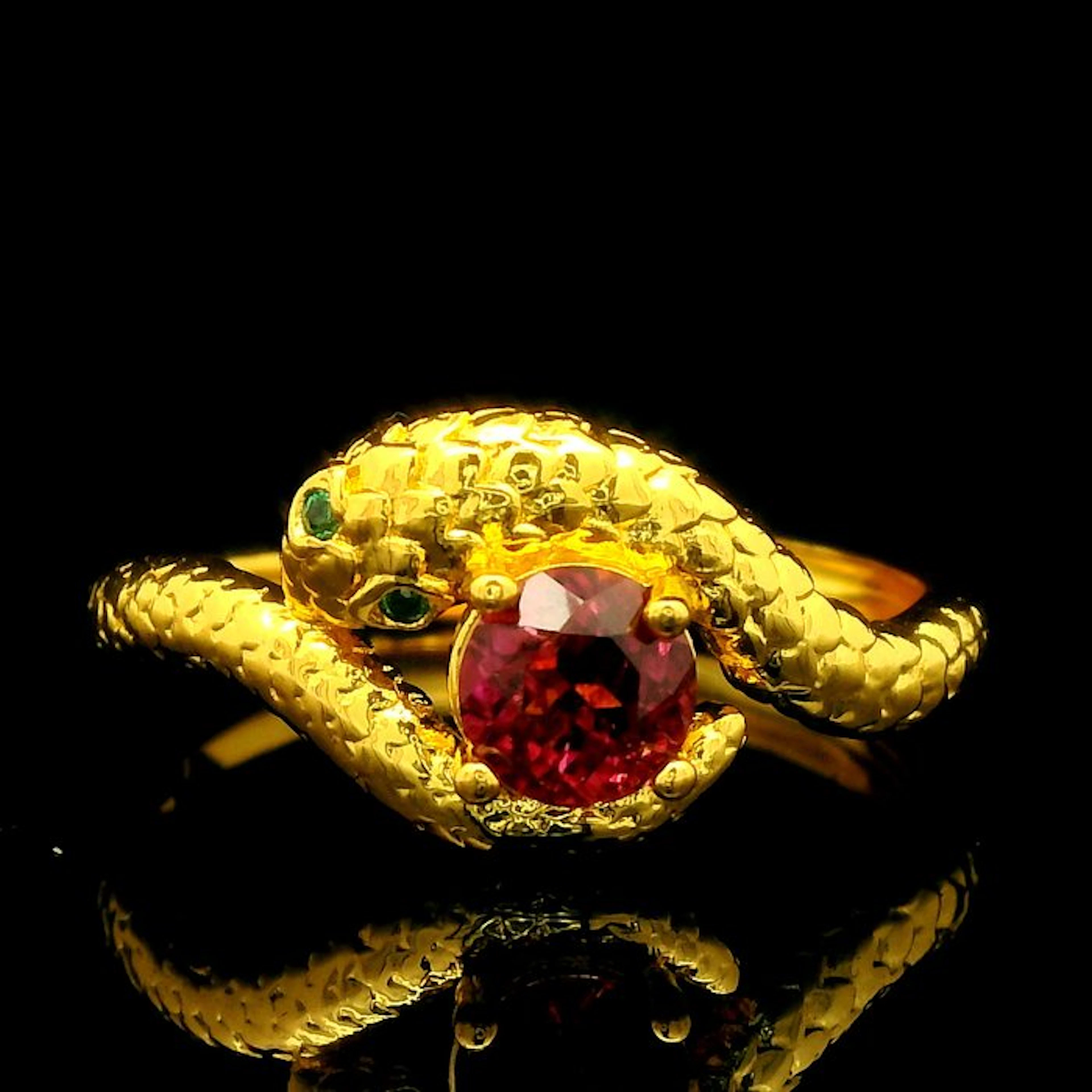 Tourmaline - Tourmaline Snake Ring – Round Pink-Red Tourmaline, Steel - Ring
