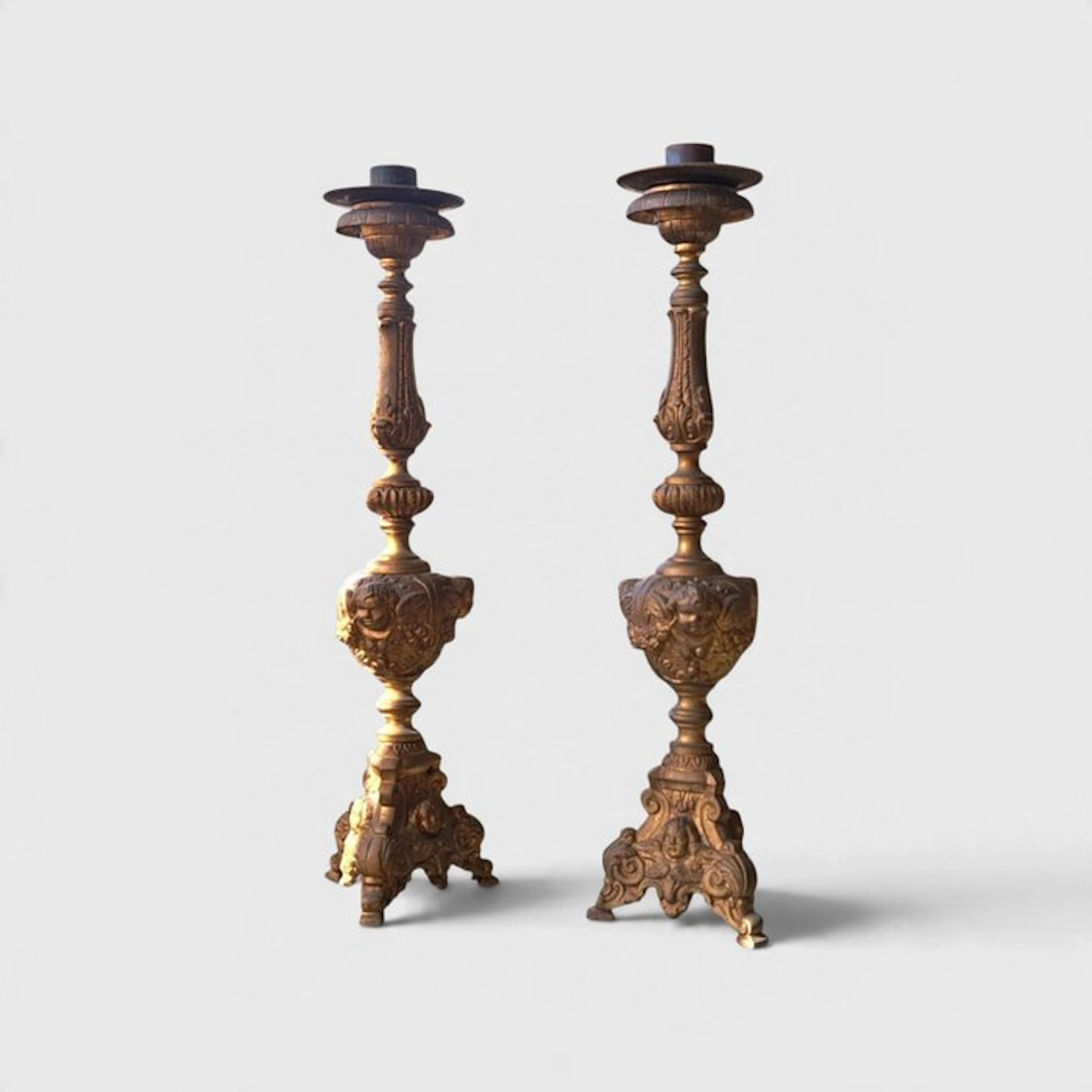 Candleholder (2) - Gilt brass - Pair of antique torches