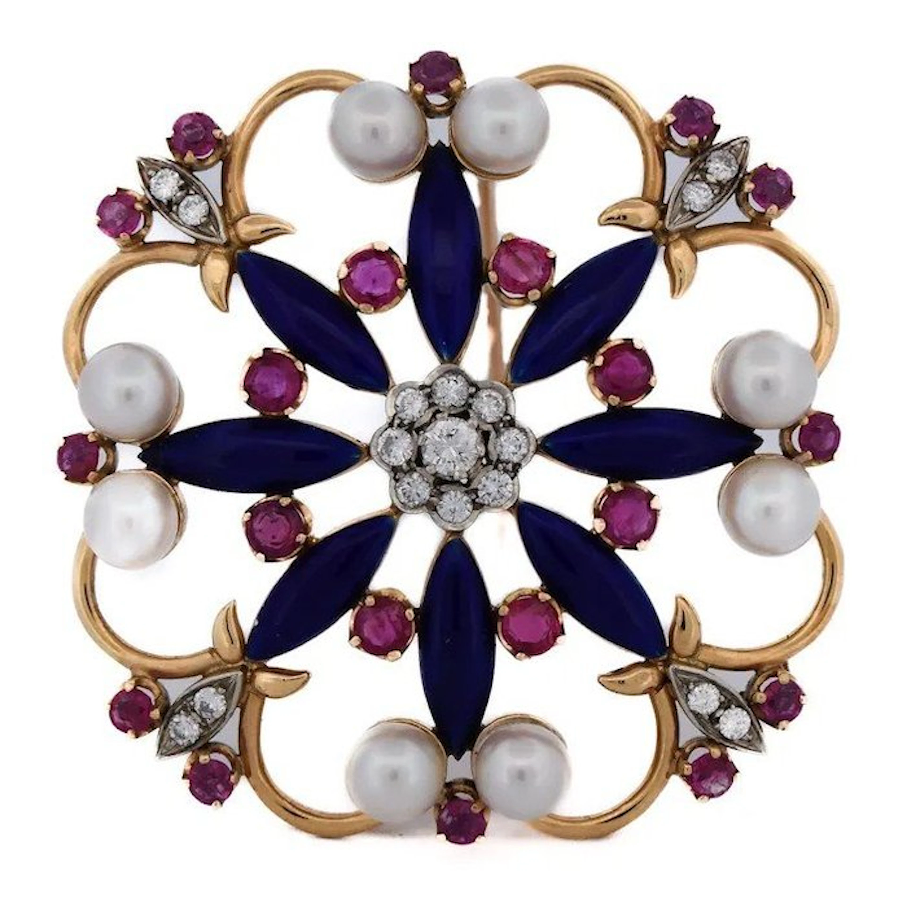 Brooch - 18 kt. Yellow gold - 4.00ct. tw. Ruby - Diamond