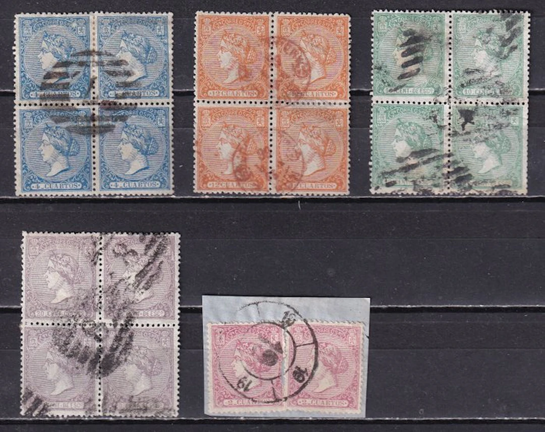 Spain 1866 - Elizabeth II - Set of Blocks and Pairs - Beautiful Cancellations