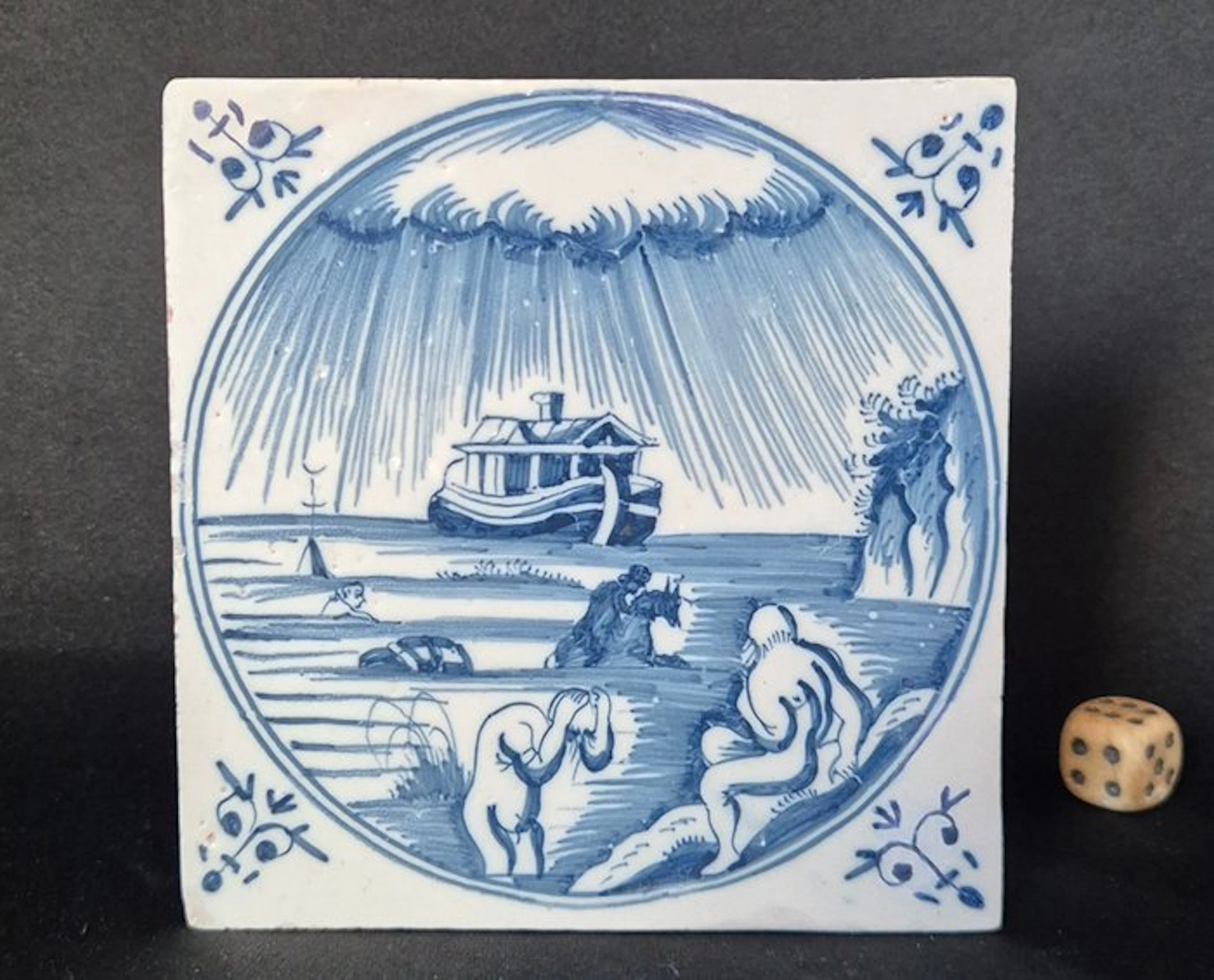 Antique Tile - The Great Flood and Noah's Ark - Antique - 1750-1800