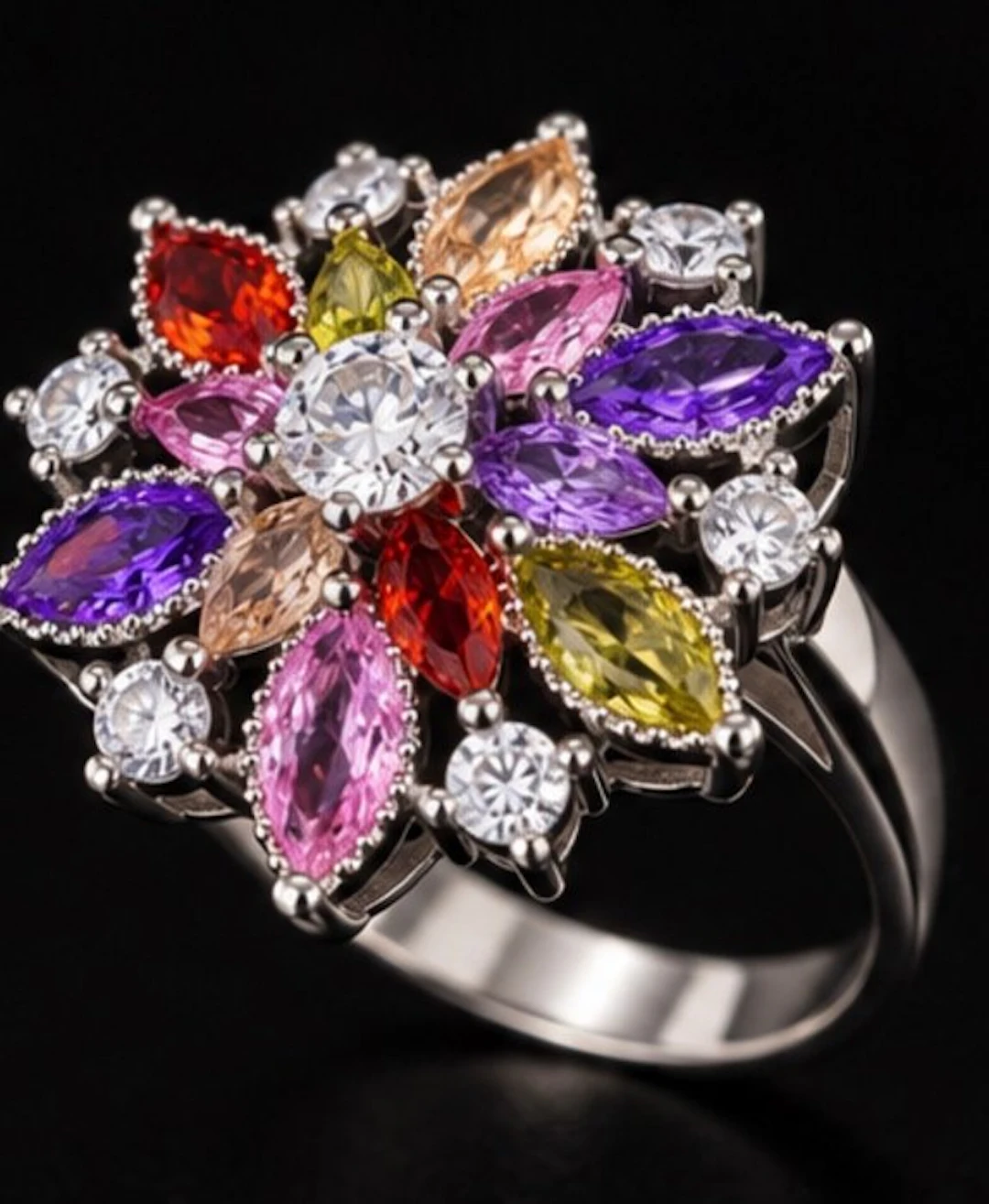 925 Sterling Silver French Multicolor Floral Ring: Amethist