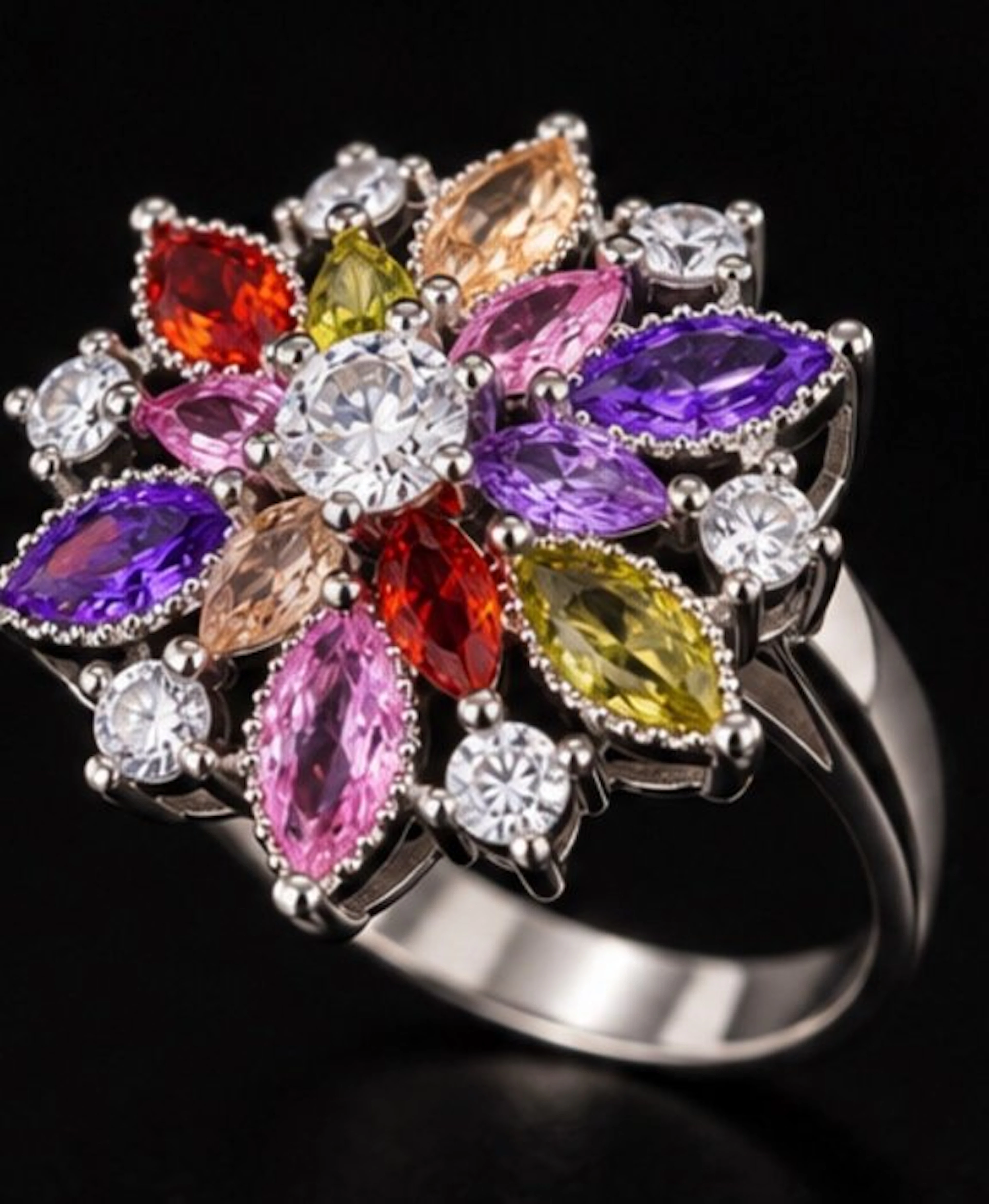 925 Sterling Silver French Multicolor Floral Ring: Amethist
