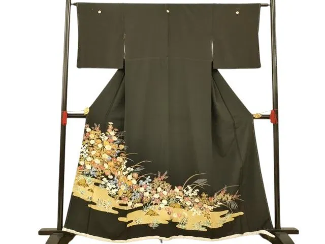 Black Tomesode Kimono with Abundant Autumn Wildflower...