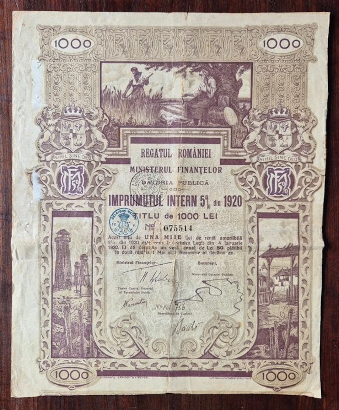 Romania. 1000 Leu 1920 State bond public debt