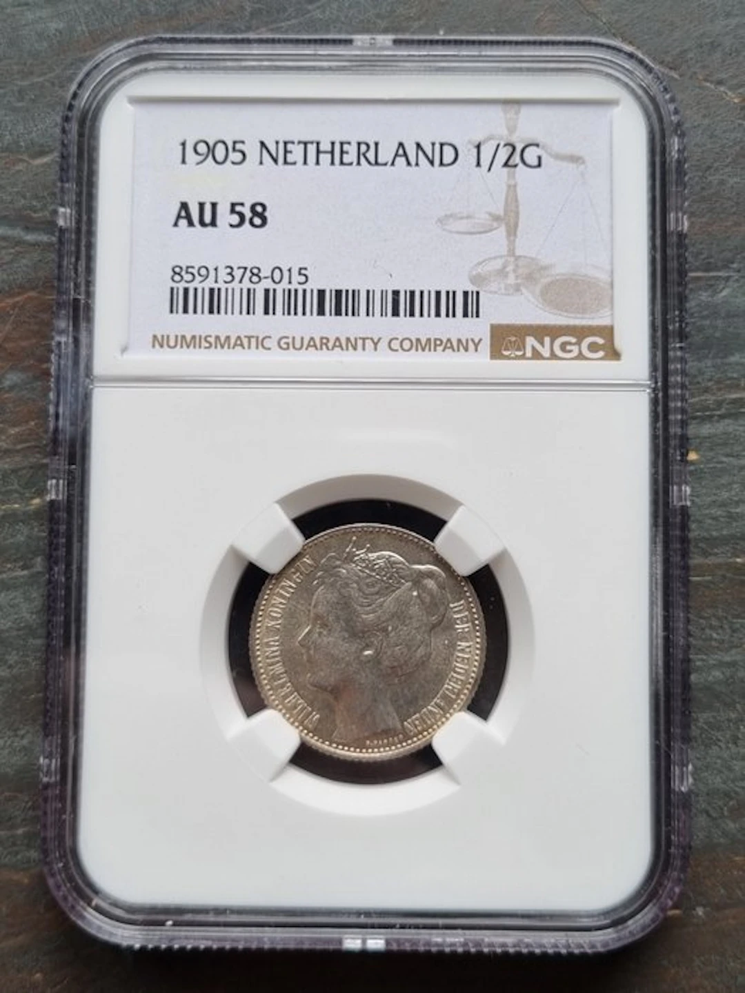 Netherlands. Wilhelmina. 1/2 Gulden 1905 NGC slab AU 58 (No reserve price)