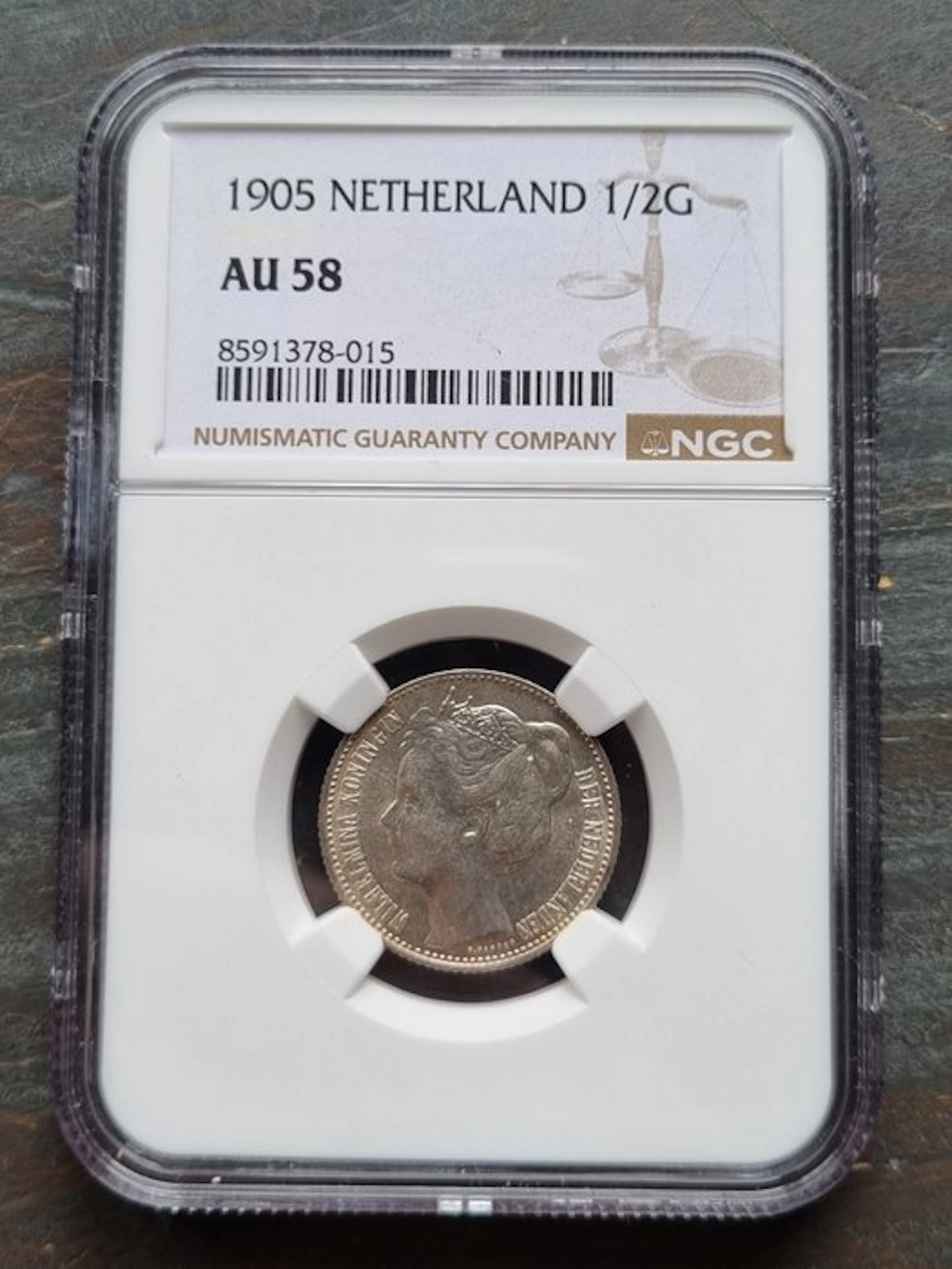 Netherlands. Wilhelmina. 1/2 Gulden 1905 NGC slab AU 58 (No reserve price)