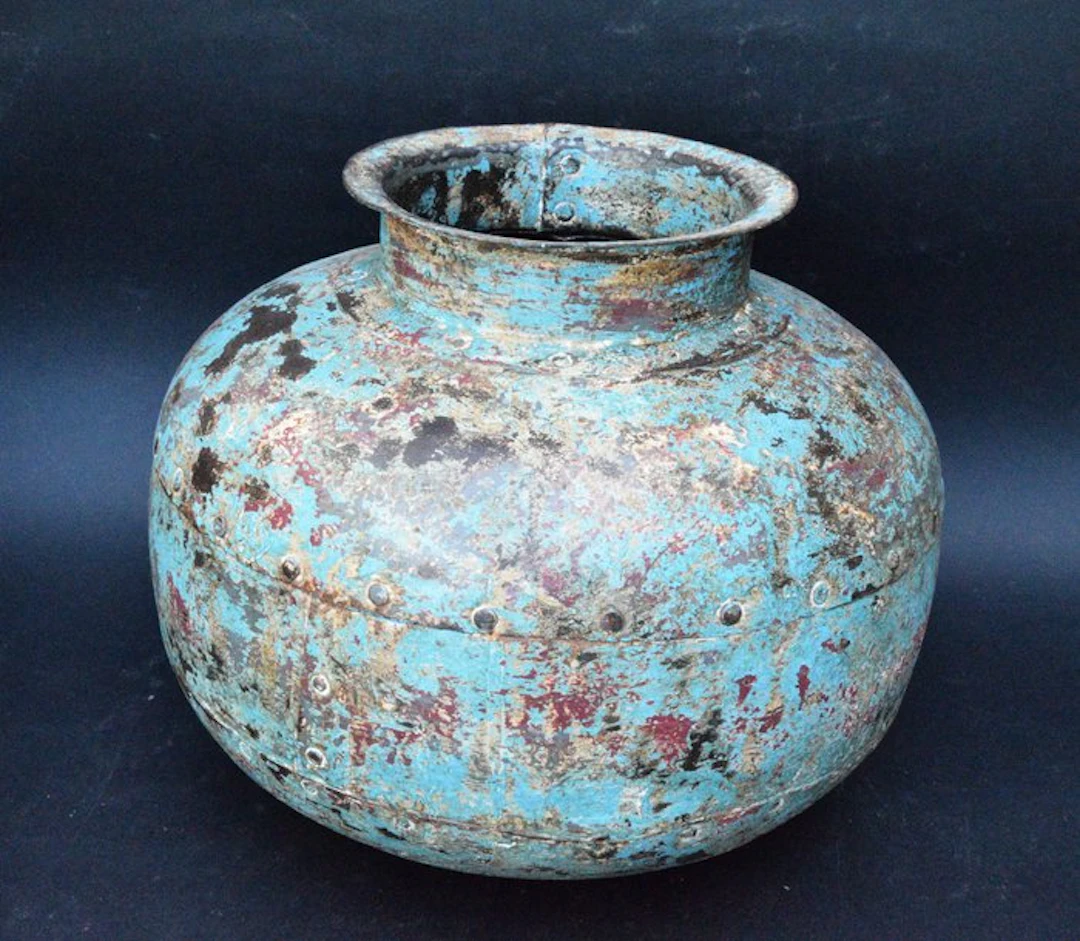 Stunning antique water pot made of riveted iron sheets