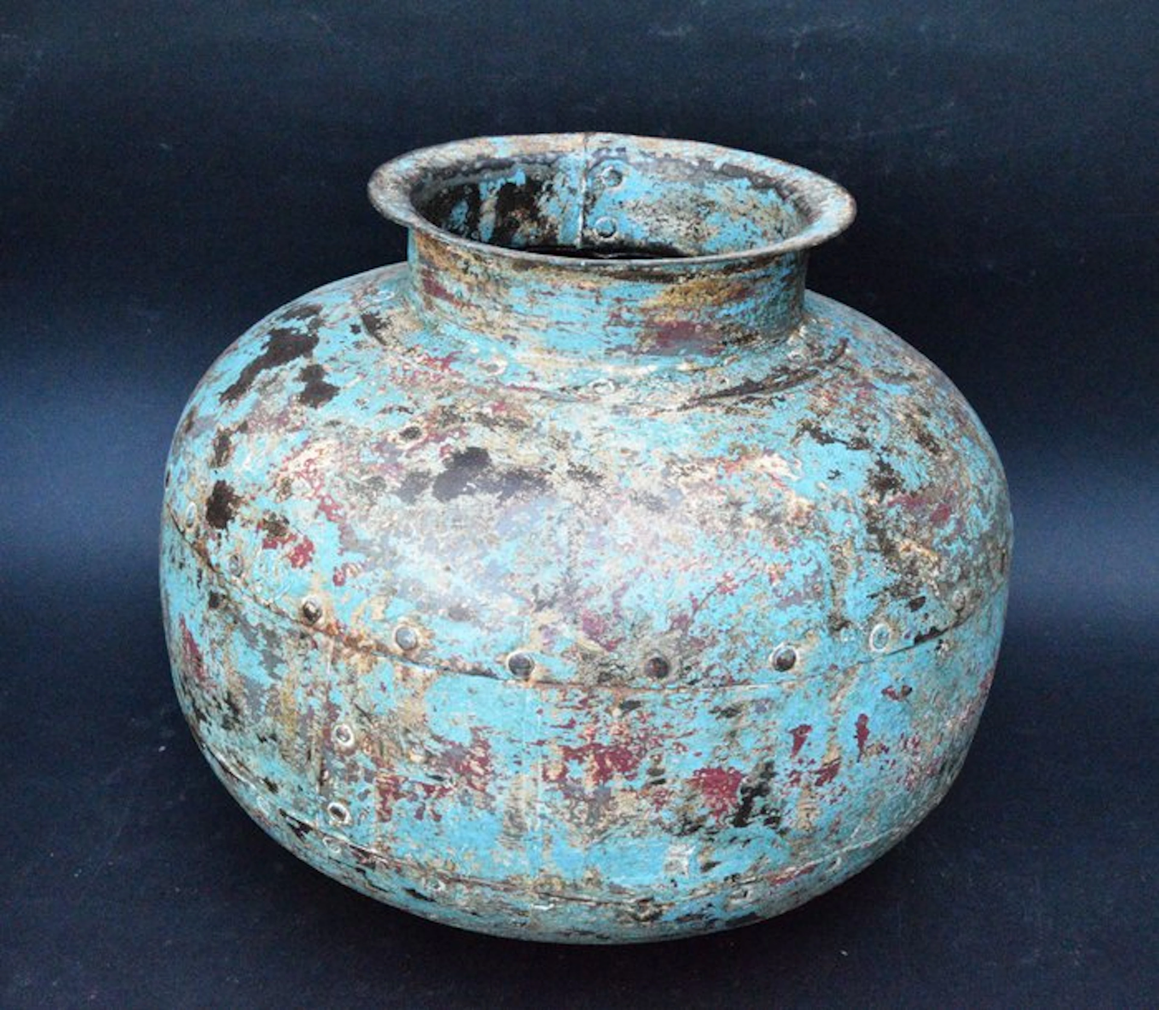 Stunning antique water pot made of riveted iron sheets