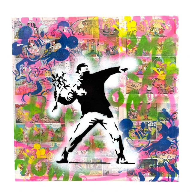 Koen Betjes (1992) - Flower Thrower Banksy x Comics x Collage (canvas)