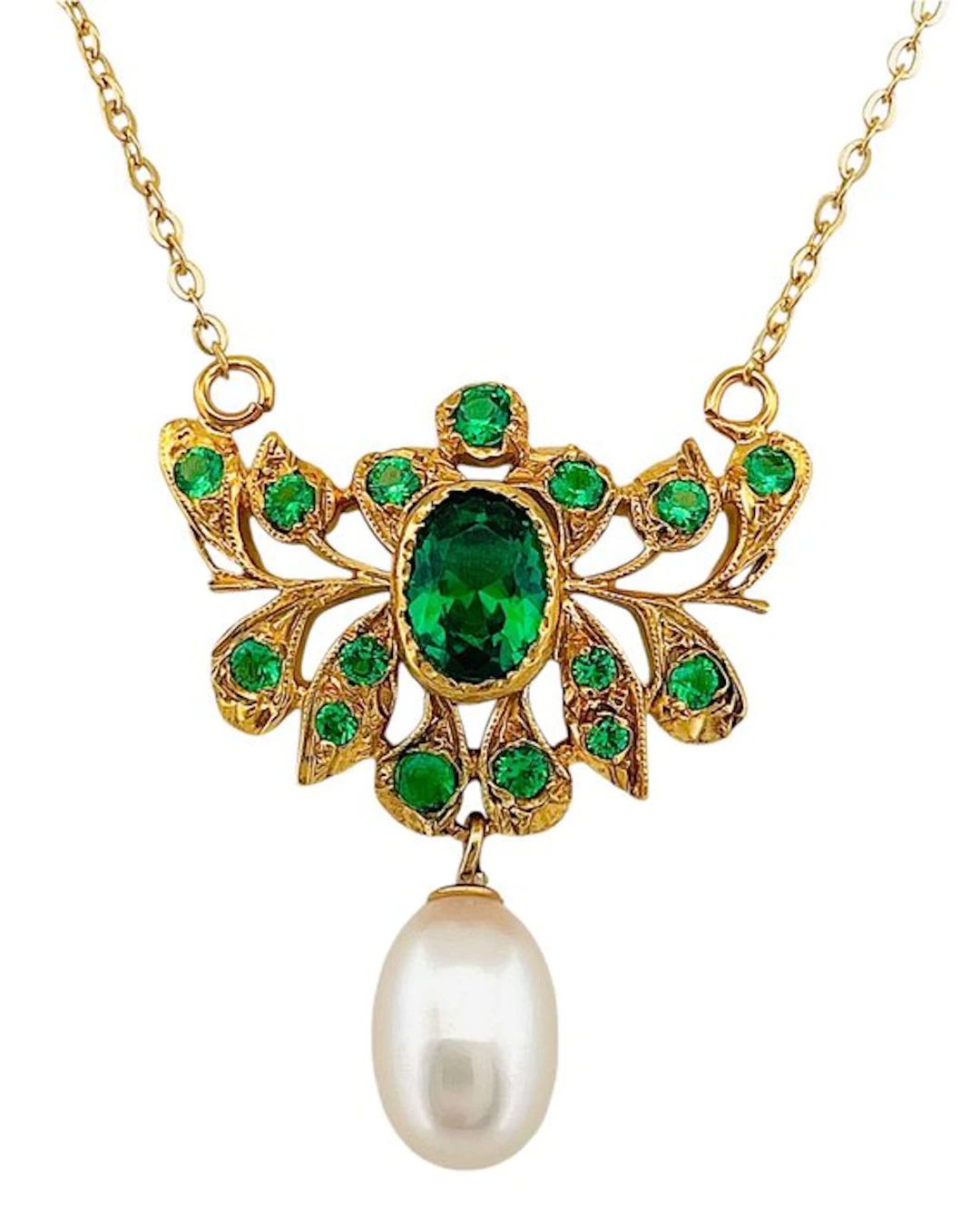 No reserve price - Necklace - 9 kt. Yellow gold, Silver Emerald - Emerald