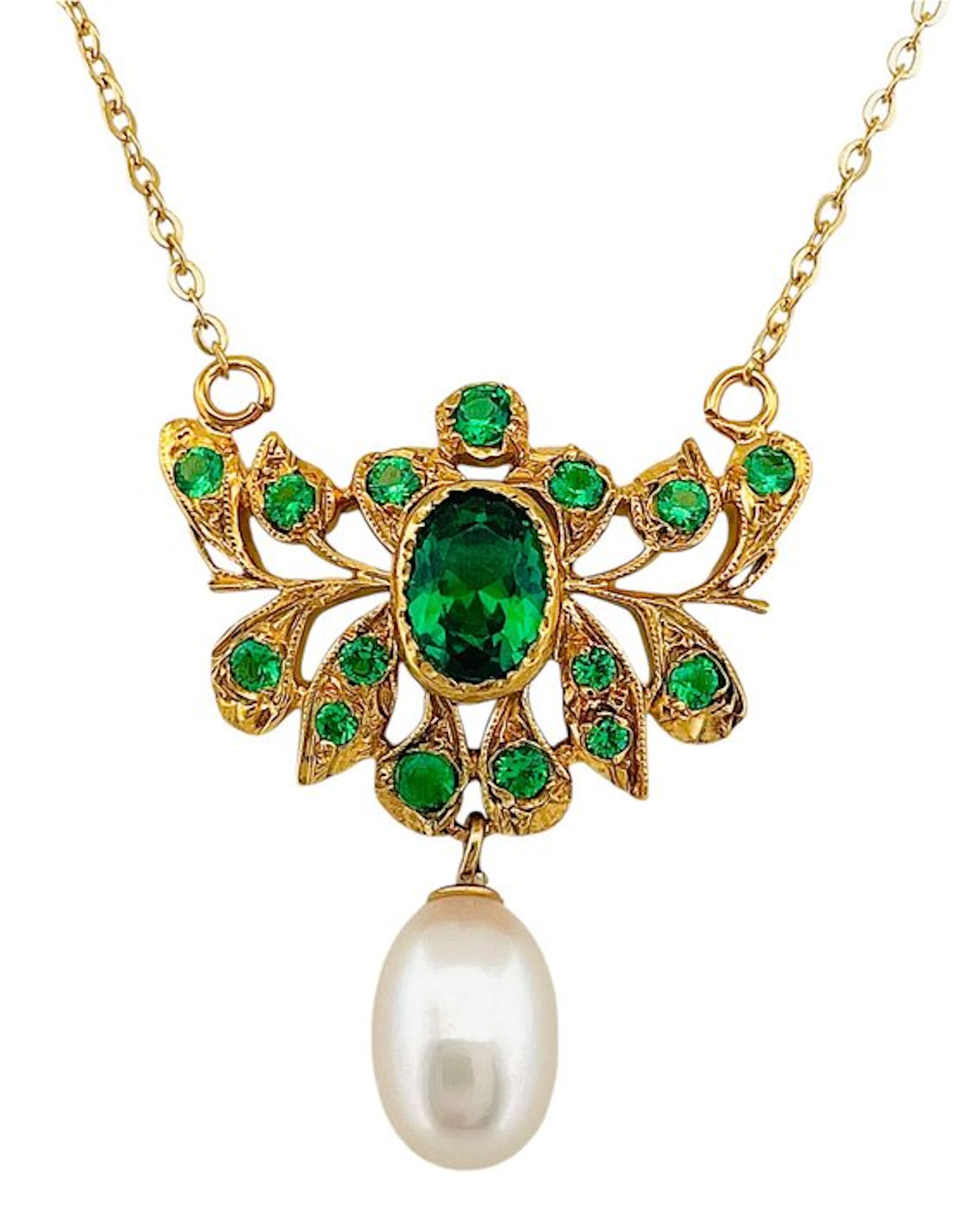 No reserve price - Necklace - 9 kt. Yellow gold, Silver Emerald - Emerald