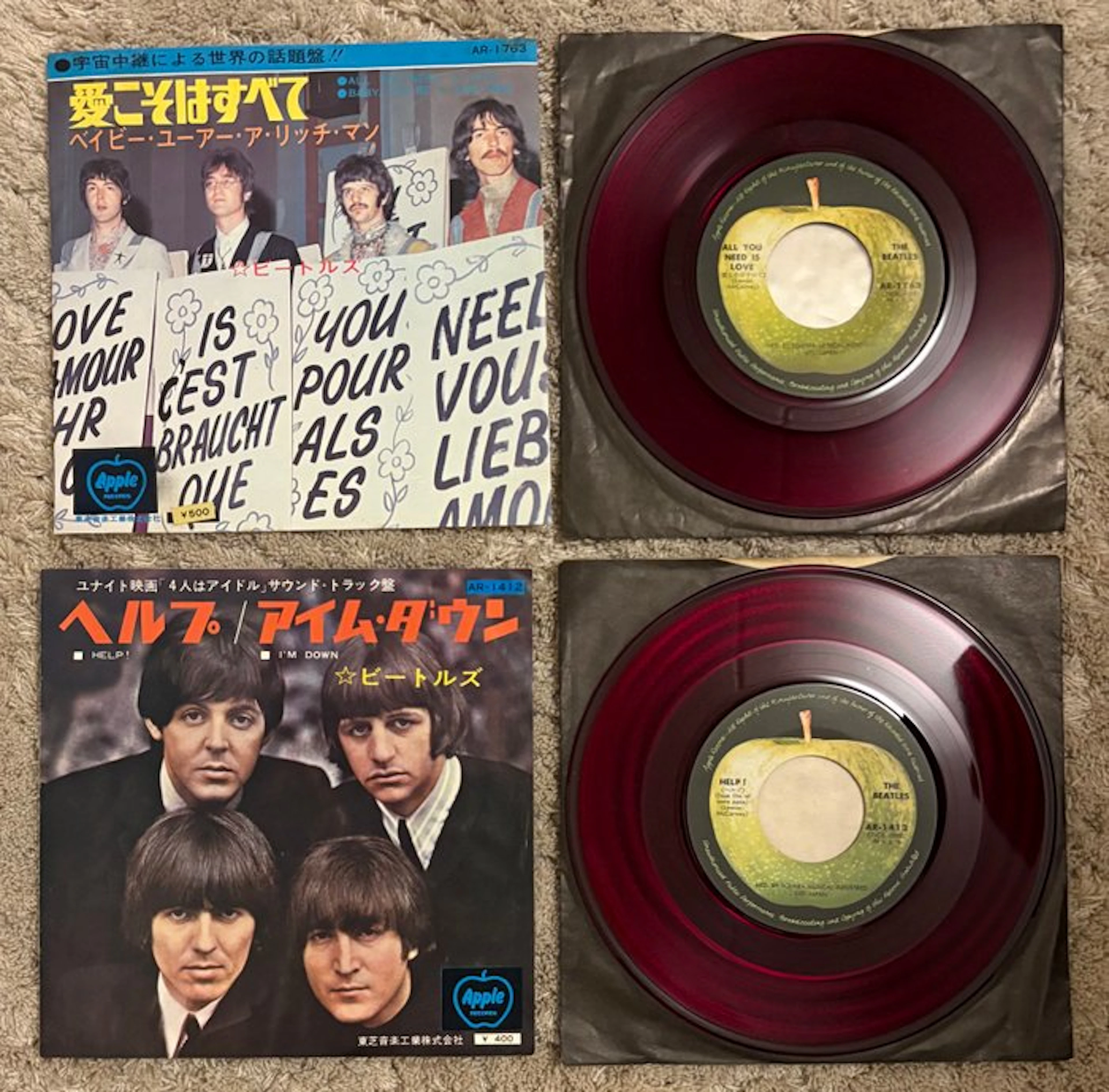 The Beatles - Set of Two Japanese RED VINYL Singles –...