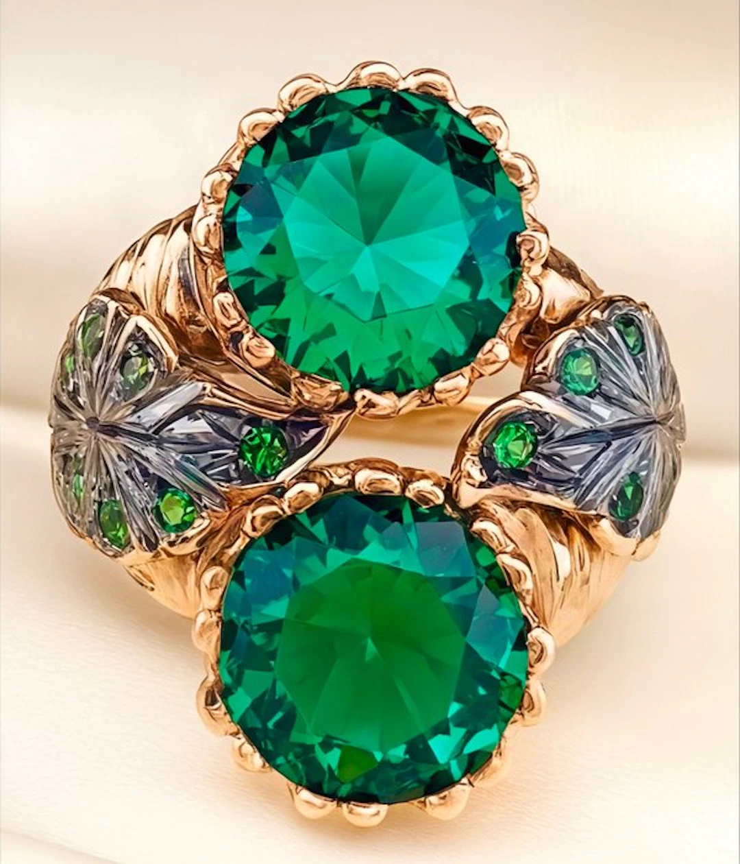 No reserve price - Ring - 9 kt. Rose gold, Silver Emerald - Emerald