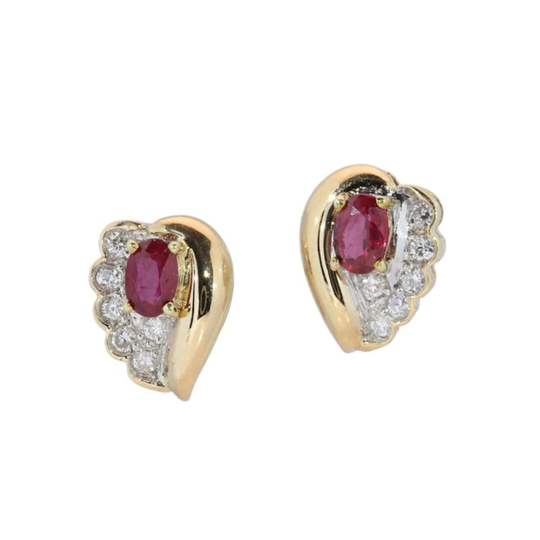 No reserve price - Earrings - 14 kt. Yellow gold - Diamond - Vintage Ruby