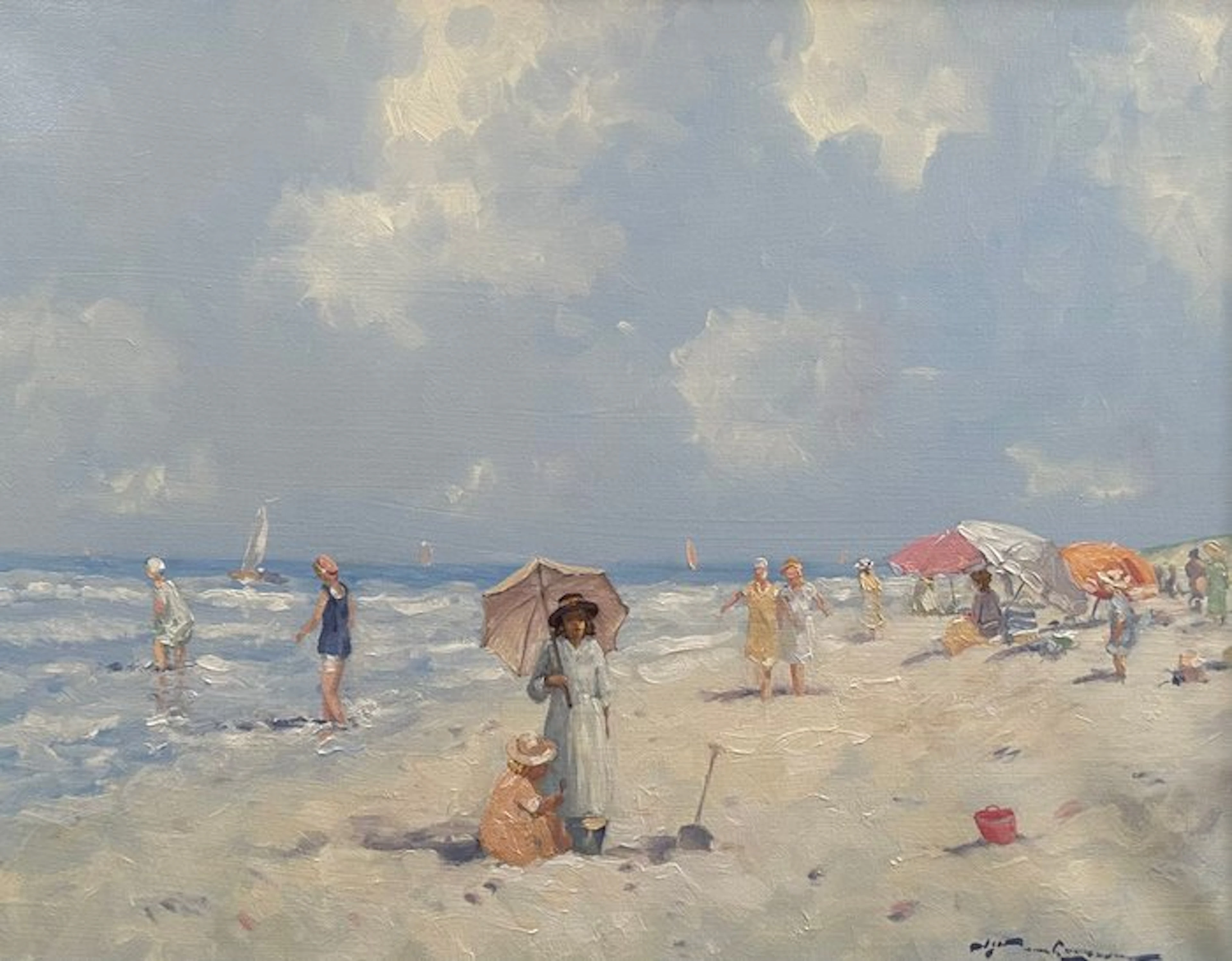 J. J. H. 'Joop' van Leeuwen (1962) - Dame met parasol op zonnig strand