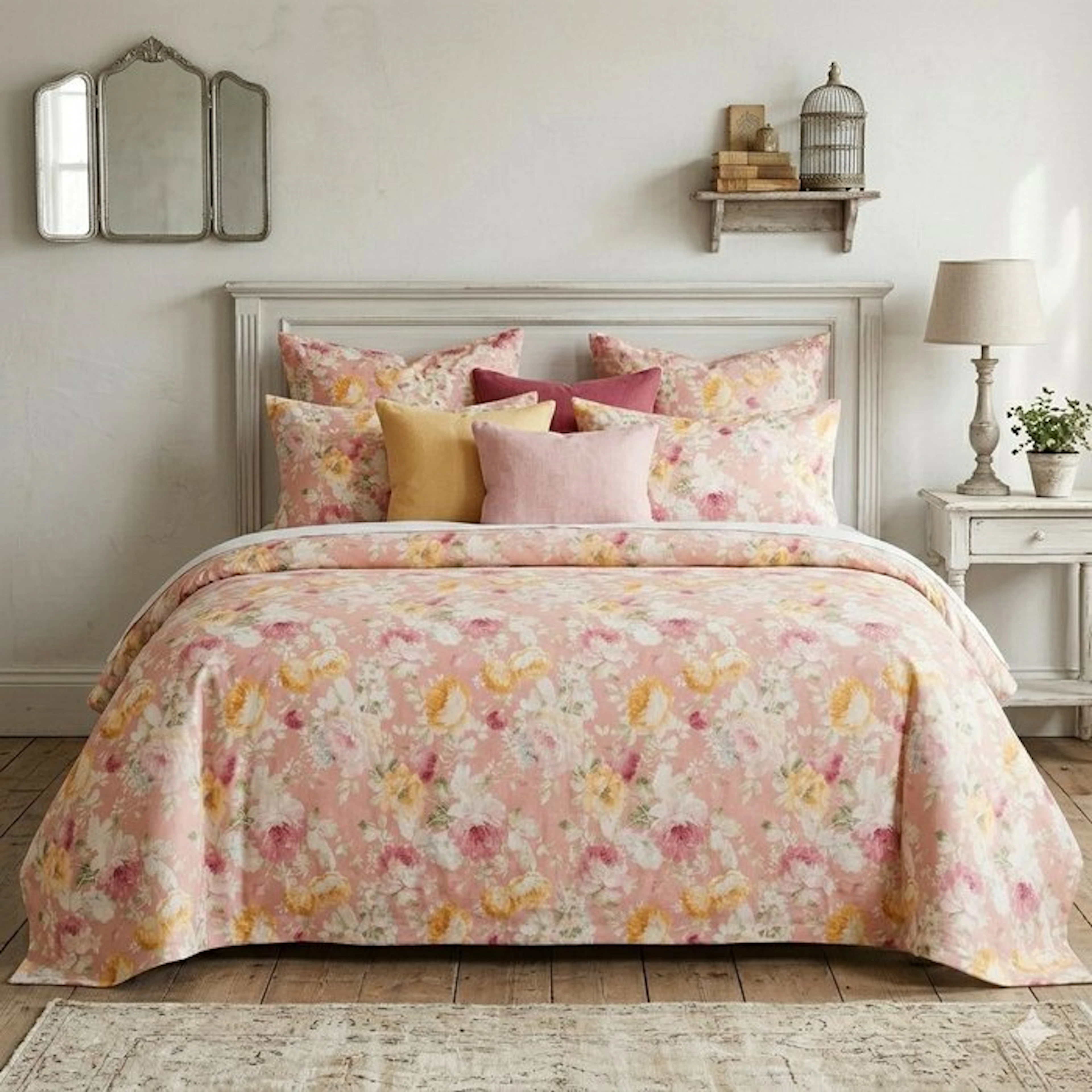 BA166 - Floral bedspread - with piped edges – Watercolor...