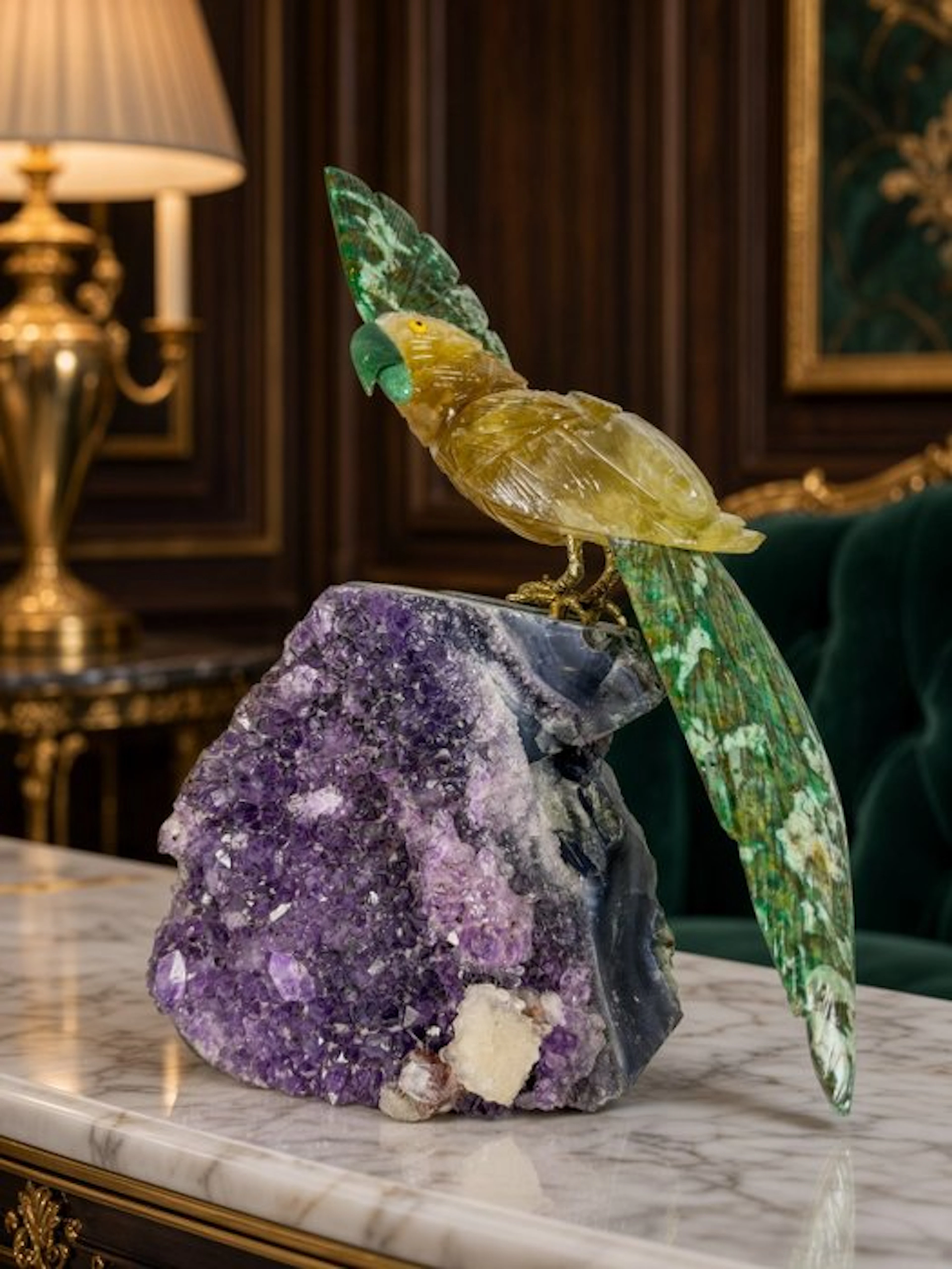 Beautiful piece - hand-carved yellow parrot on amethyst...