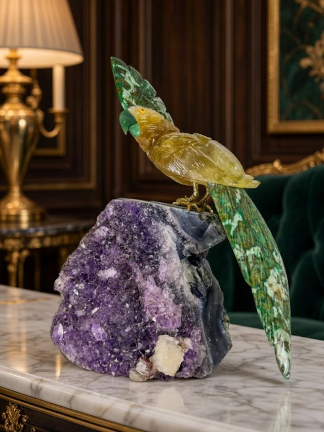 Beautiful piece - hand-carved yellow parrot on amethyst...