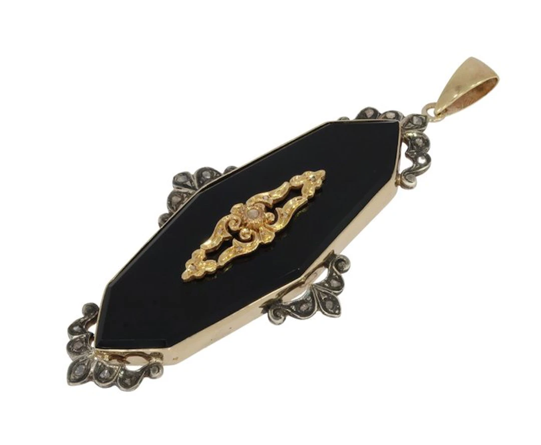 Pendant - 14 kt. Yellow gold Diamond (Natural) - Very large onyx pendant