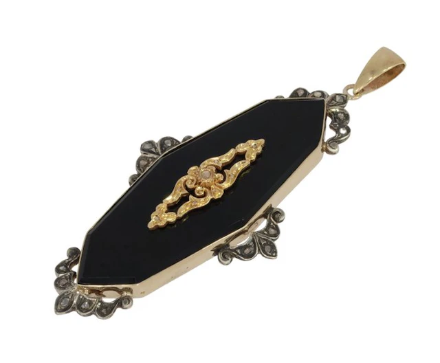 Pendant - 14 kt. Yellow gold Diamond (Natural) - Very large onyx pendant