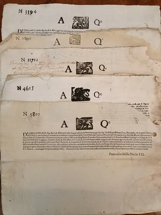 Aq Notes Esecutori delle Acque Venezia - 5 documenti aq aqe con note manoscritte ...