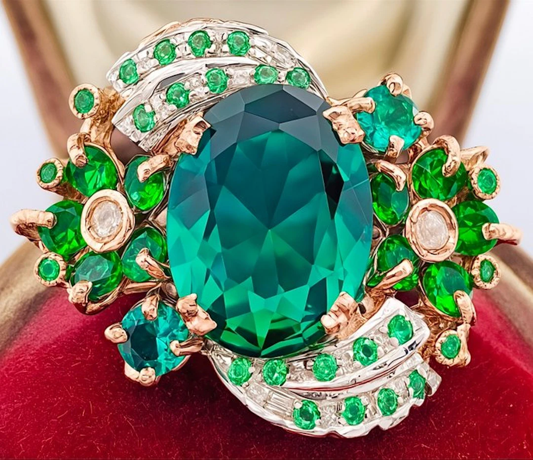 No reserve price - Ring - 9 kt. Rose gold, Silver Emerald - Diamond