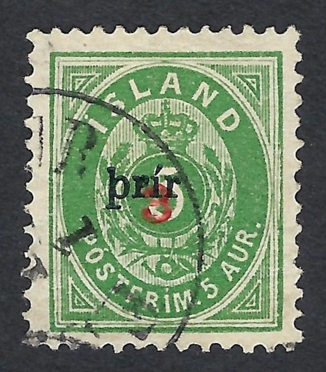 Iceland 1897 - Coat of Arms 3pir on 5a Green - Certificate Gronlund - Nº 34