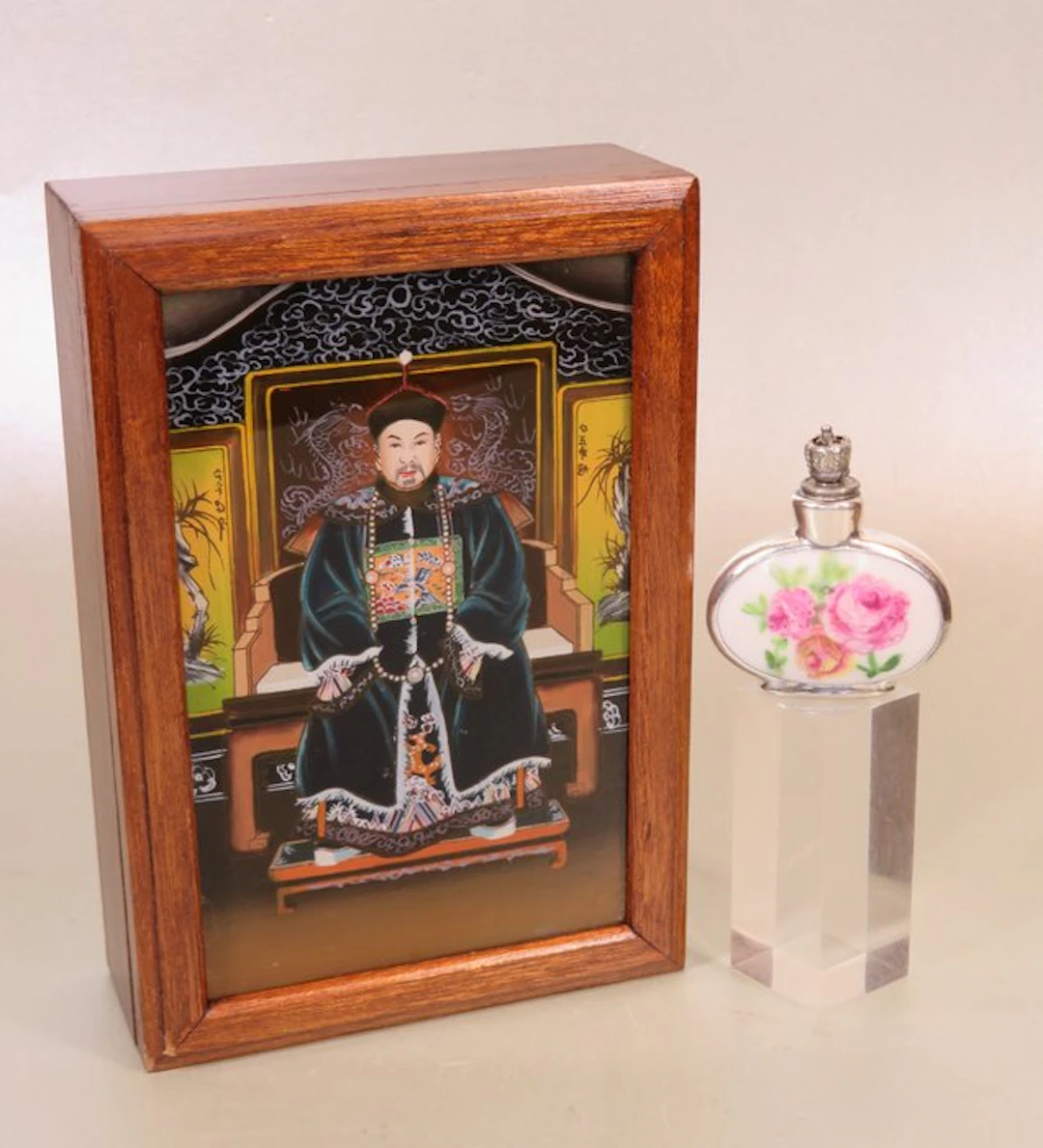 Art Deco parfumflesje (Crowntop) met rozen - Perfume bottle - .1000 silver