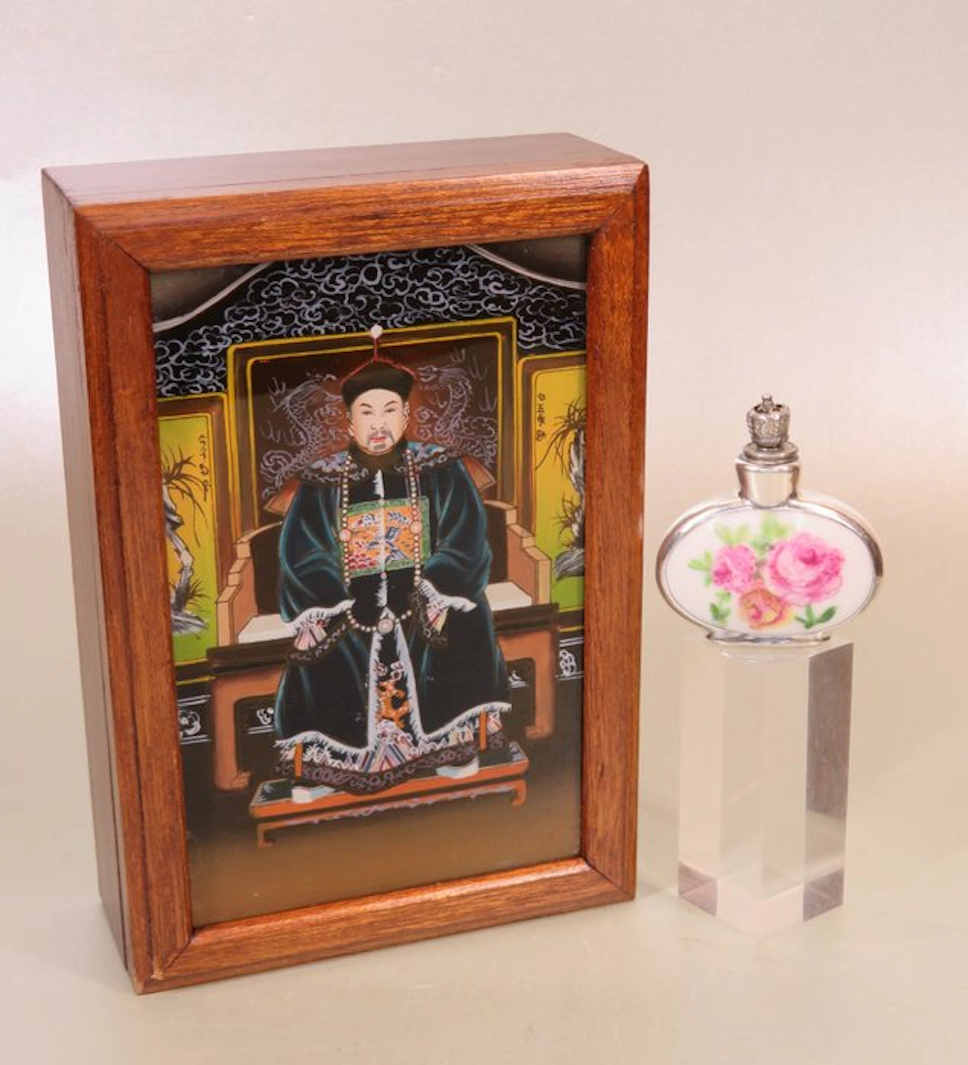 Art Deco parfumflesje (Crowntop) met rozen - Perfume bottle - .1000 silver