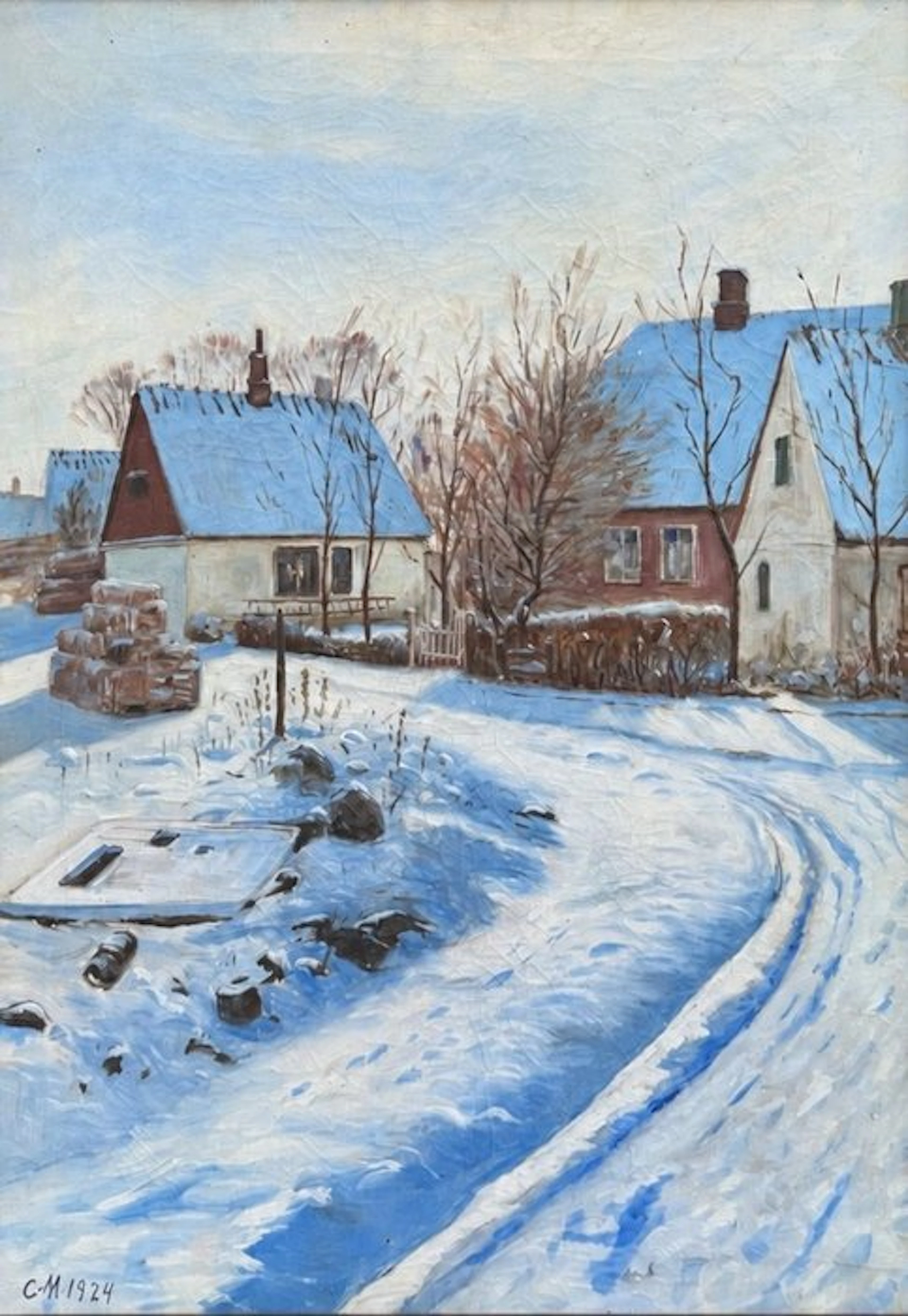 Scandinavian School (XX) - Skandinavische Winterlandschaft; Dorf im Schnee