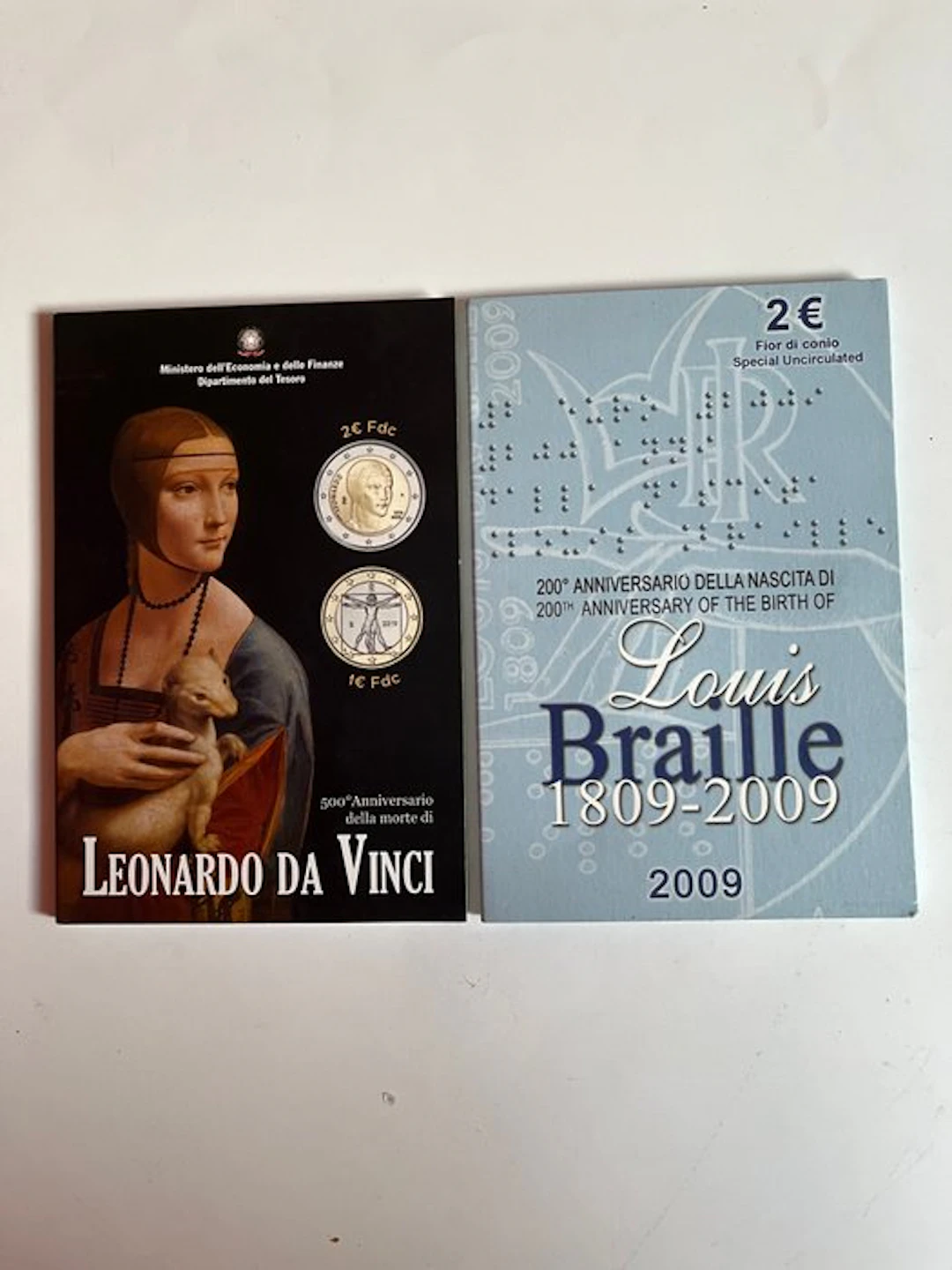 Italy. Coin Card 2009/2019 "Louis Braille" + "Leonardo Da...