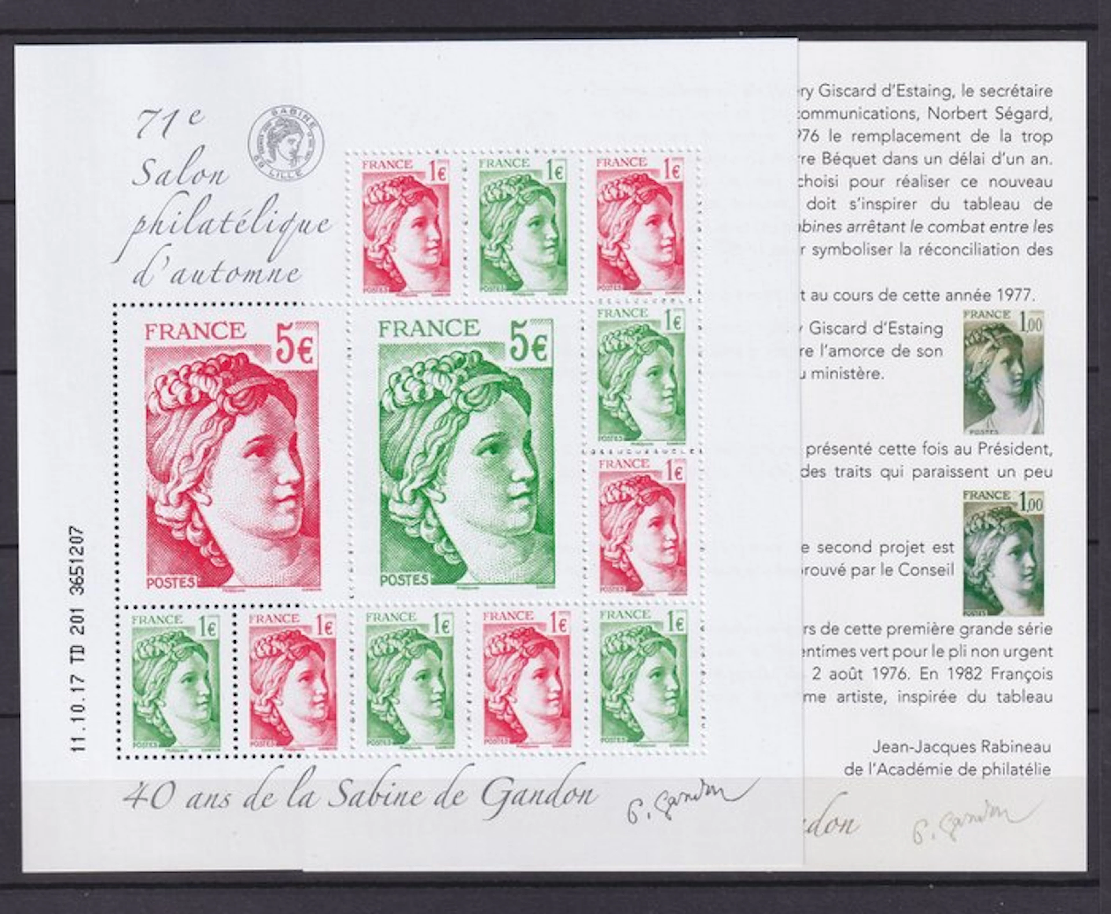 France 2017 - superbe feuillet de la sabine de Gandon - Yvert n°F5179