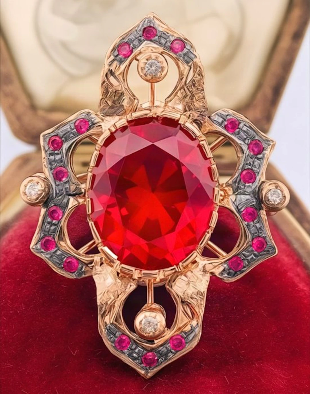 No reserve price - Ring - 9 kt. Rose gold, Silver Ruby - Diamond