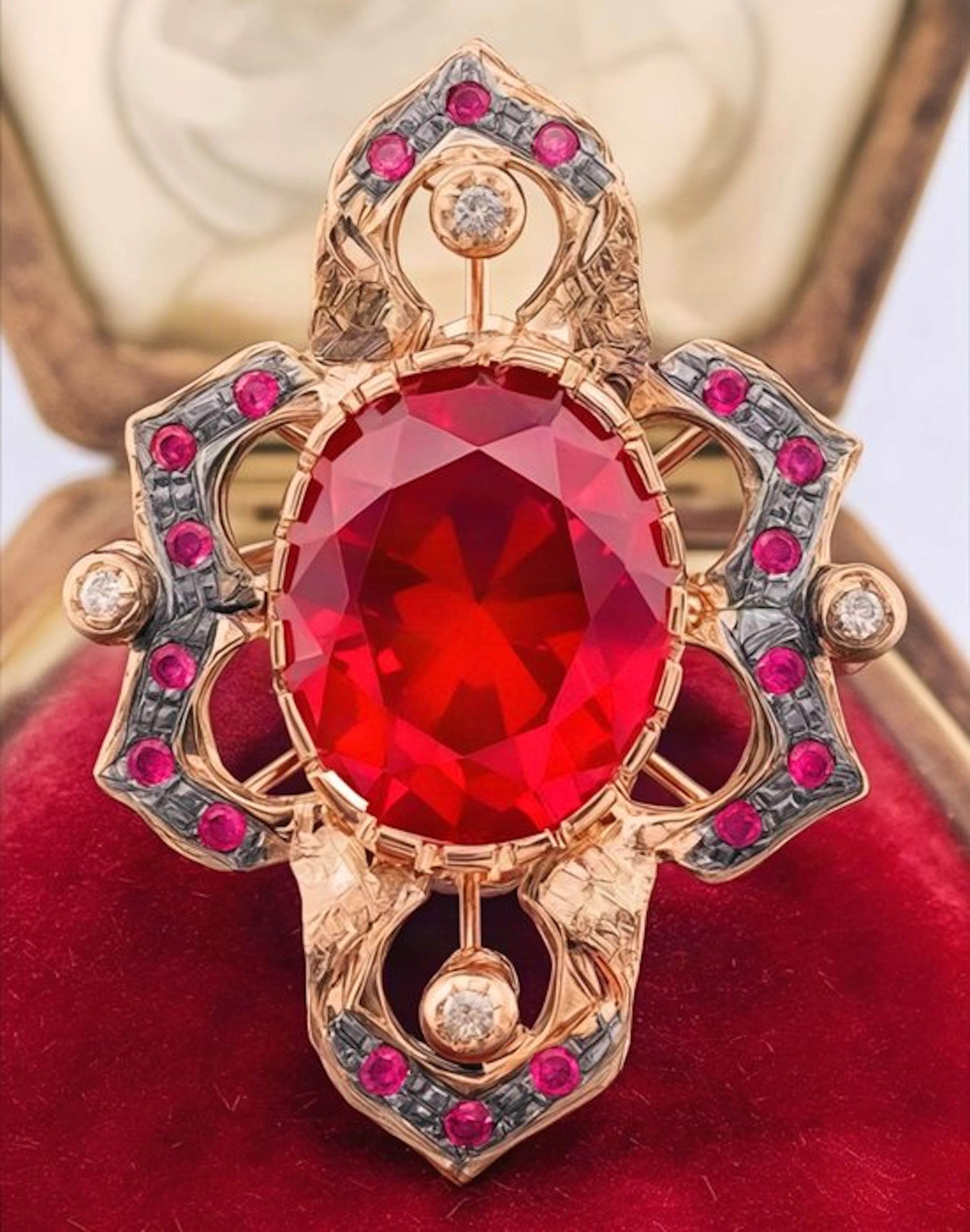 No reserve price - Ring - 9 kt. Rose gold, Silver Ruby - Diamond