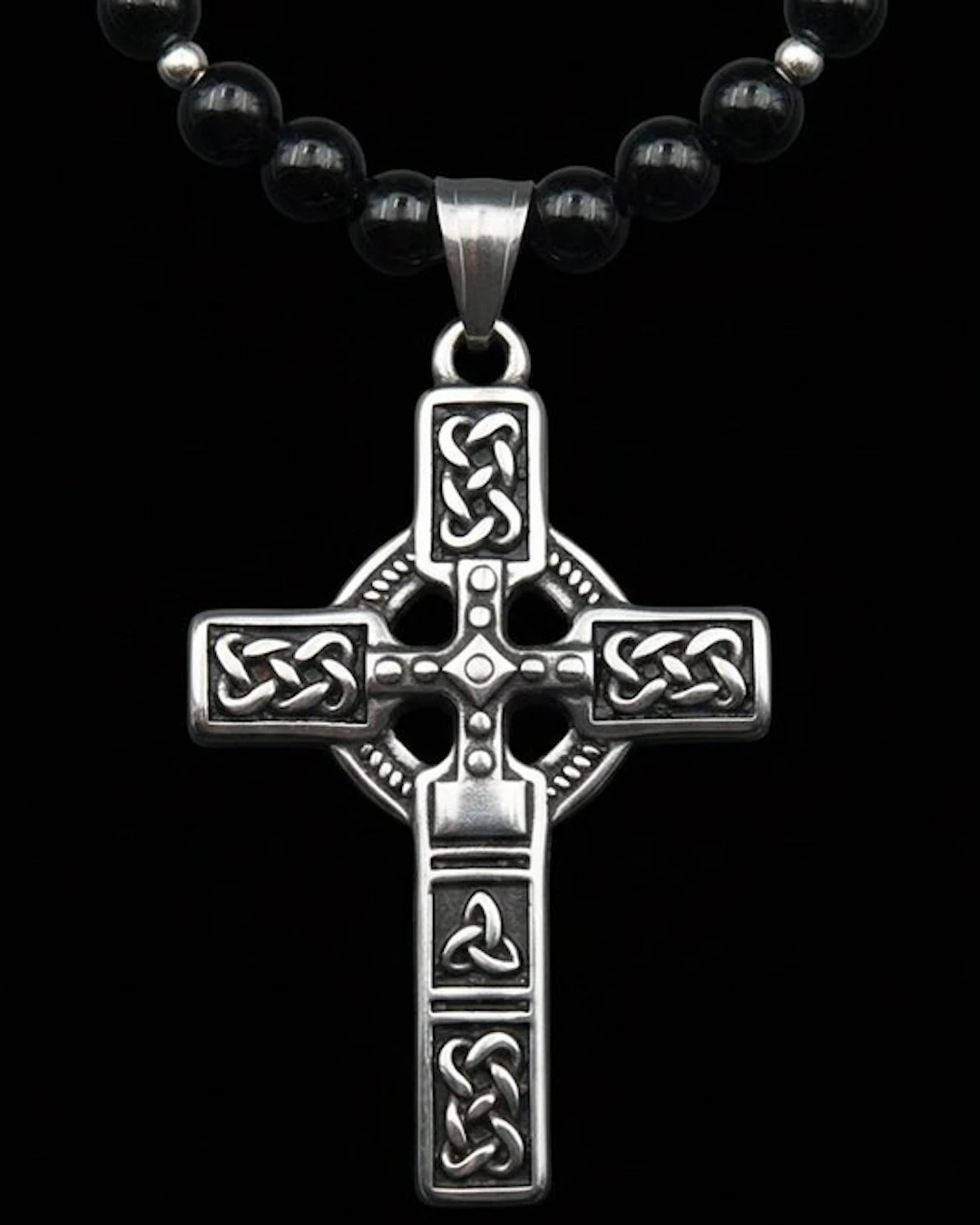 Celtic Cross Necklace – Obsidian – Triquetra and Sun...