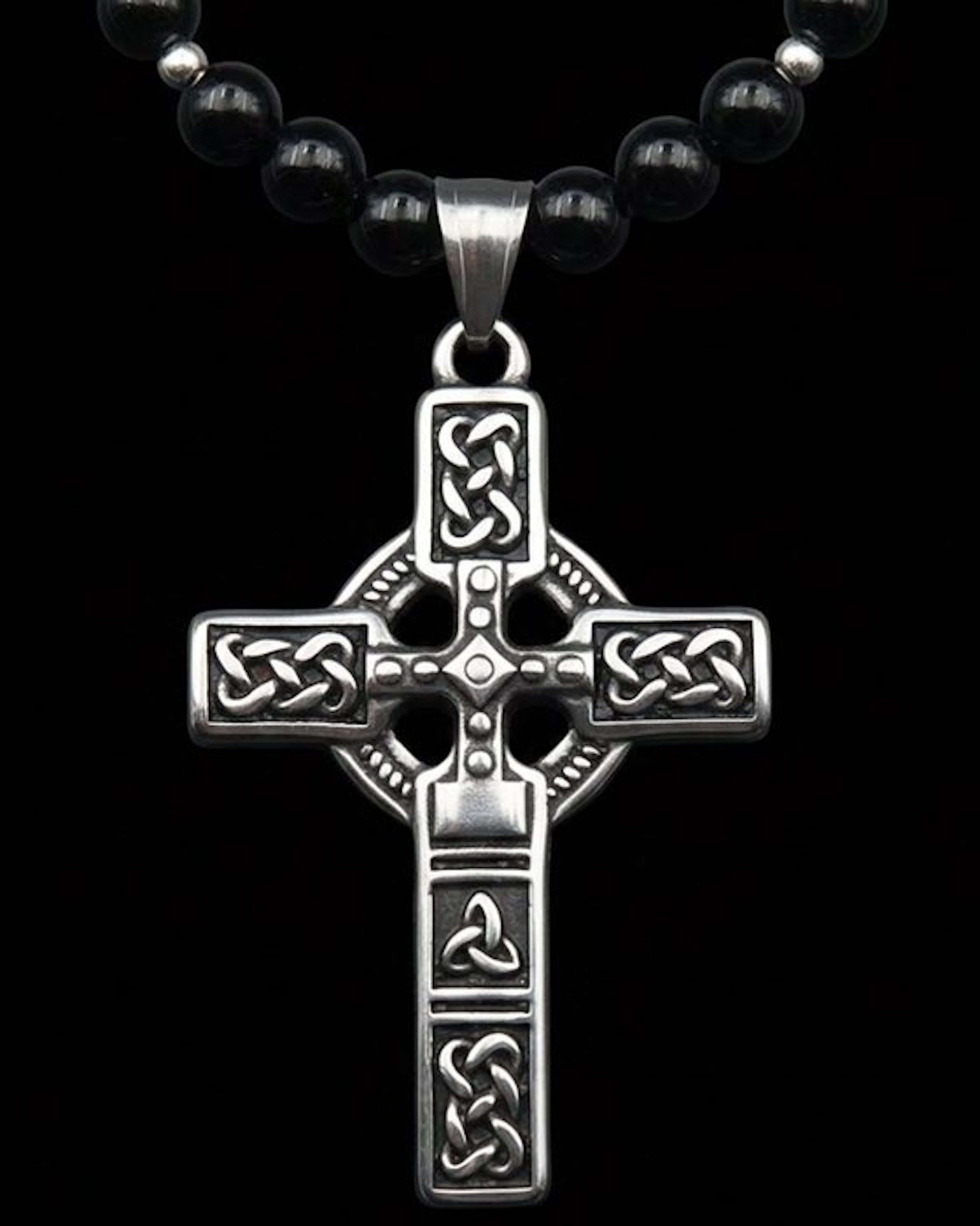 Celtic Cross Necklace – Obsidian – Triquetra and Sun...