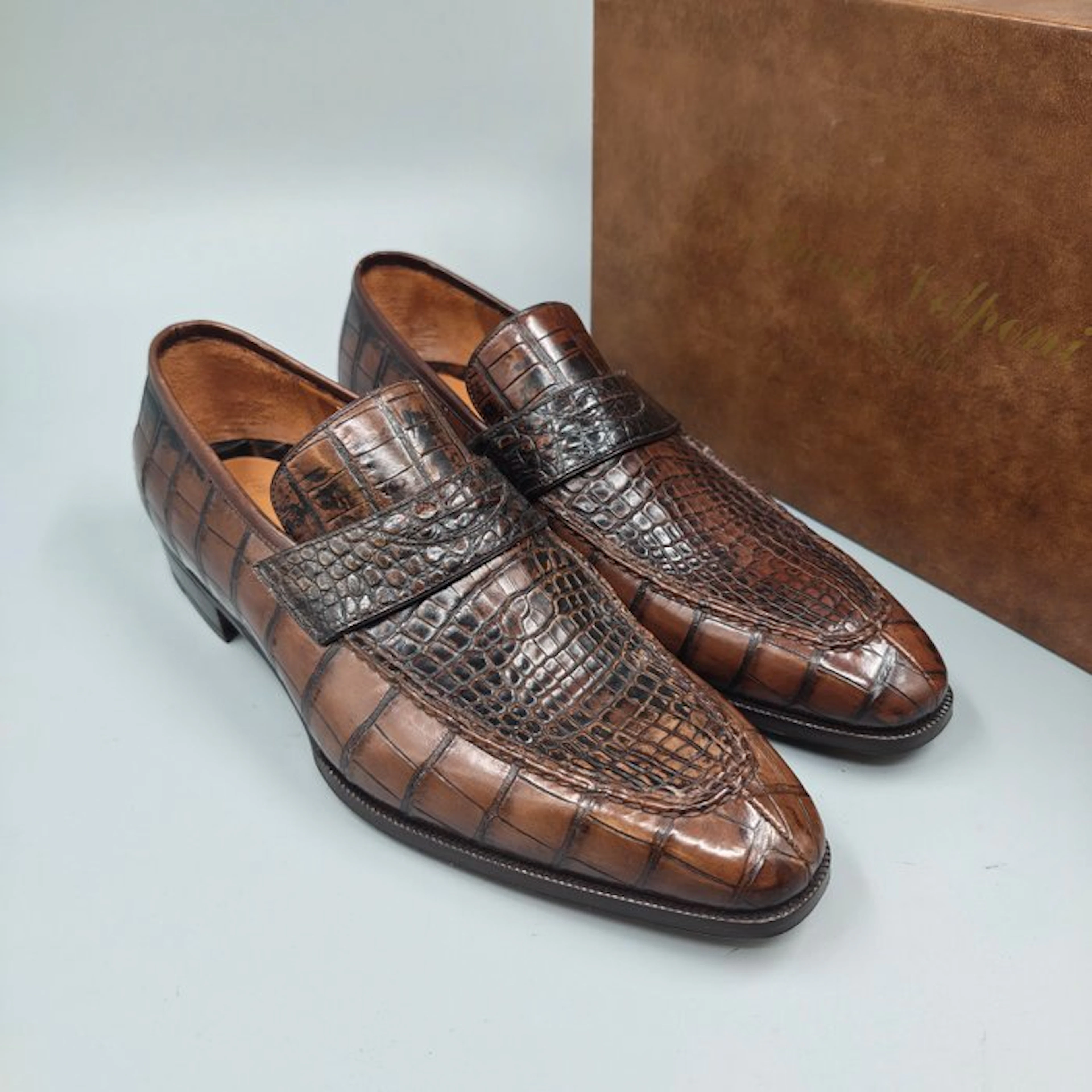 Enzo Bonafè Crocodile-UK8.5- Pennyloafers-Patina...