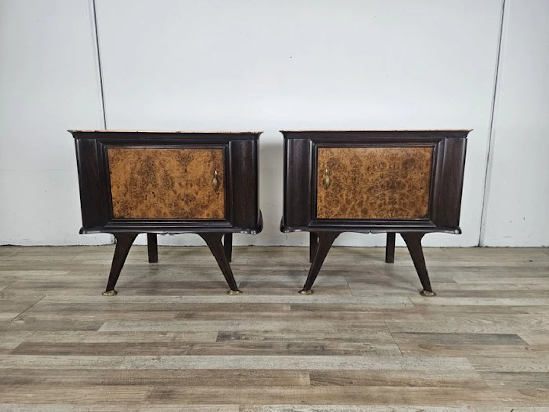Nightstand (2) - 1950s Art Deco nightstands with burl veneer fronts