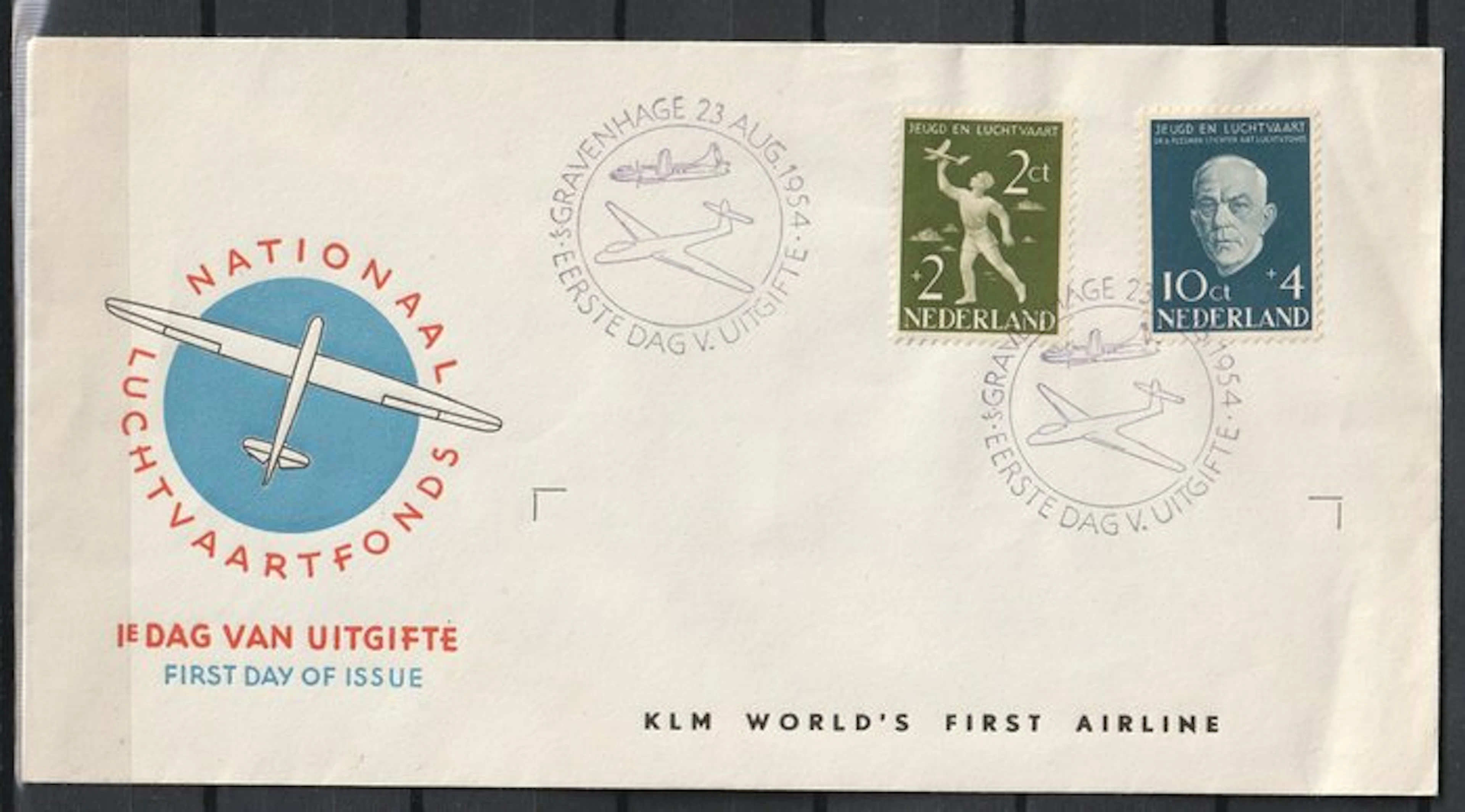 Netherlands - 1954 FDC E18 Aviation Fund unaddressed with certificate.