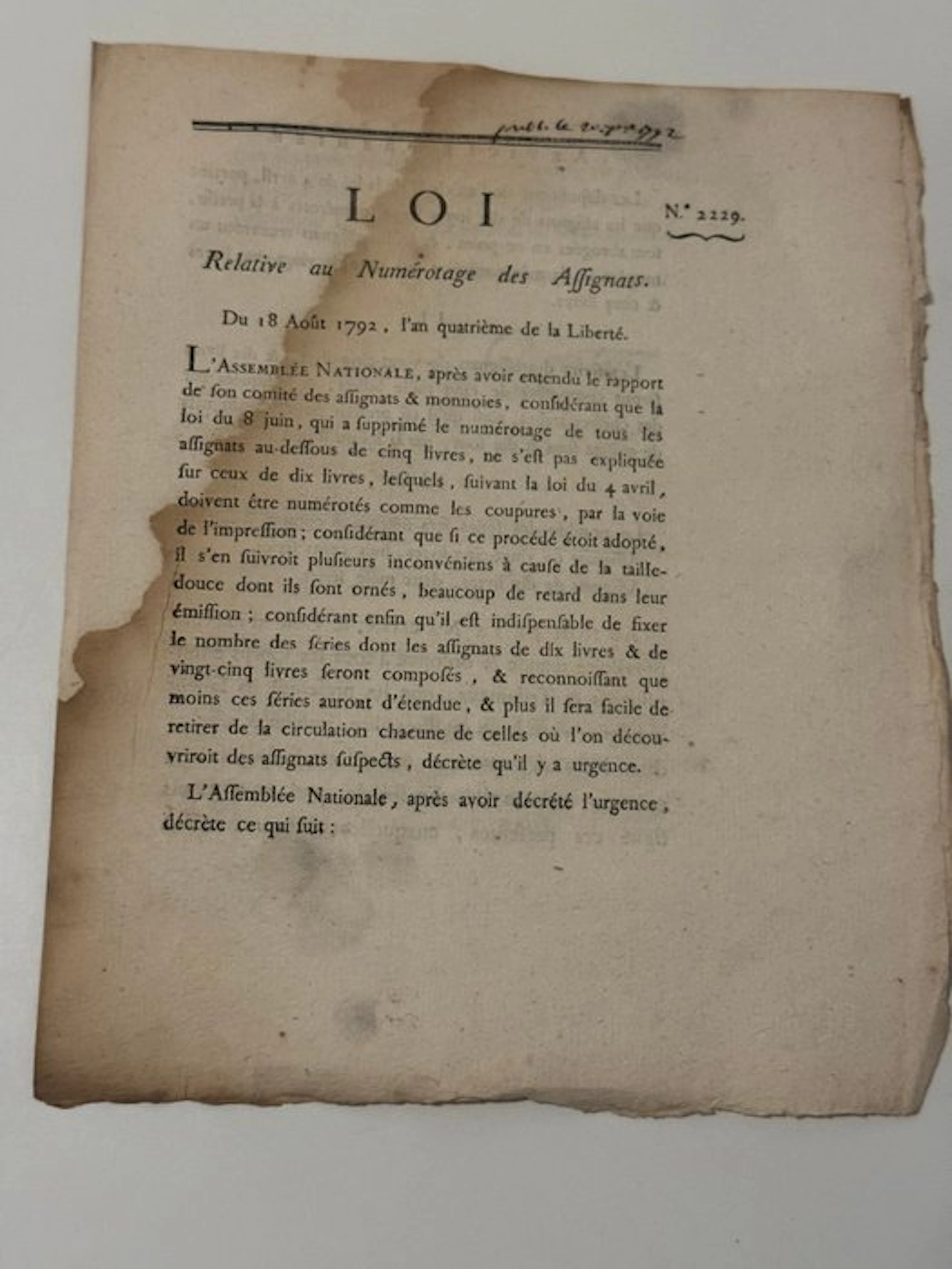 Document - Danton - Loi relative au Numérotage des Assignats. - 1792