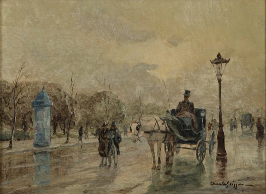 French school (XX) - Koets en figuren op straat