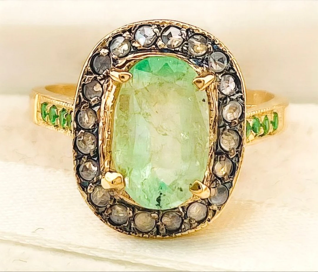 No reserve price - Ring - 9 kt. Yellow gold, Silver Emerald - Diamond