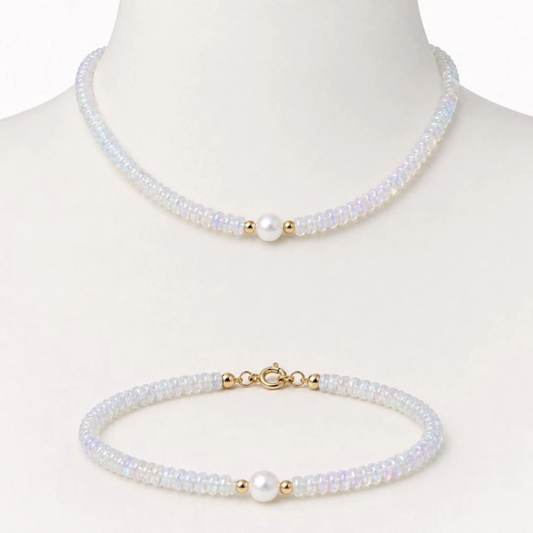 No reserve price - Necklace - 18 kt. Yellow gold Opal - Pearl