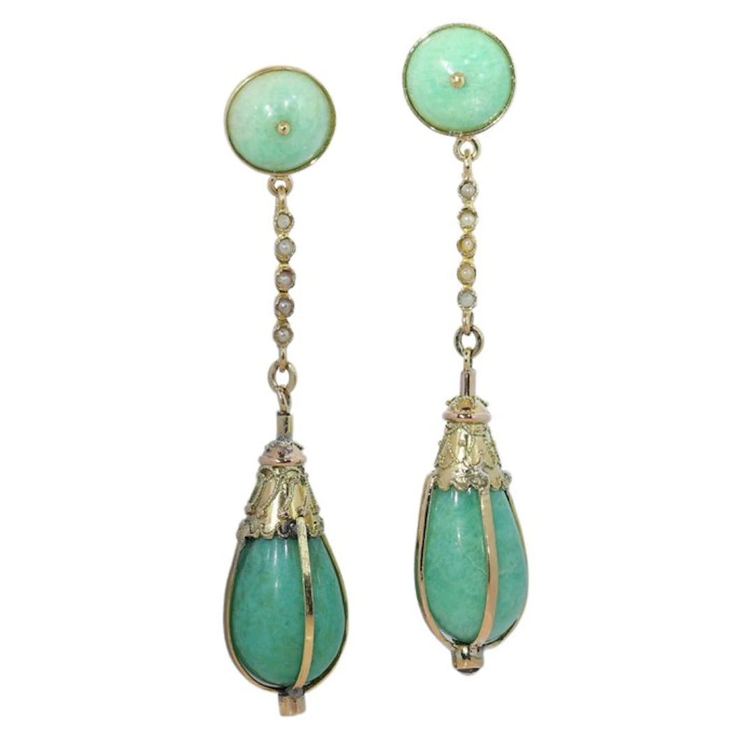 Earrings - 18 kt. Rose gold, Yellow gold - Pearl - Amazonites, Antique 1900