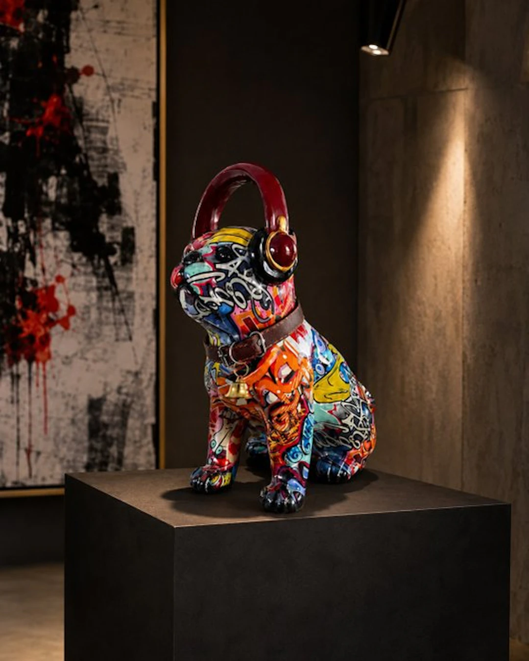Statue, Exclusieve Graffiti Bulldog met Koptelefoon –...